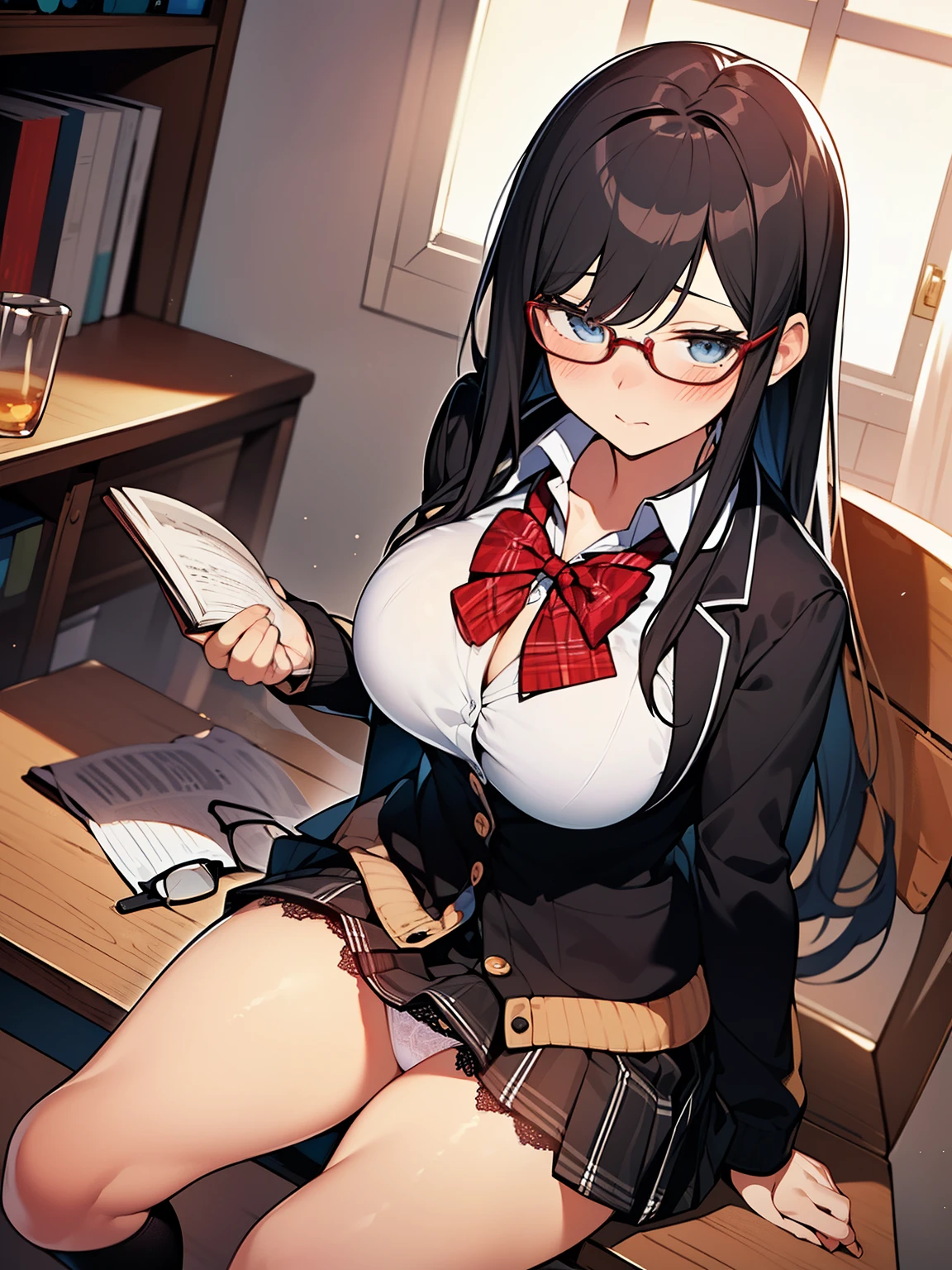 ((table top, highest quality, High resolution, nffsw, perfect pixel,  4K, nffsw, nffsw))), 1 girl, single, alone, beautiful woman、I could see the whole body、 ((straight long hair,bangs,black hair)), ((Silver glasses、dark eyes, beautiful eyelashes, realistic eyes)), ((detailed face, blush:1.2)), ((smooth texture:0.75, realistic texture:0.65, realistic:1.1, Anime CG style)),  dynamic angle, perfect body,  ((red bow tie, school uniform, black jacket, open jacket, Brown cardigan, white shirt, black skirt, plaid skirt)), library、Angle looking up from under the floor、Low - Angle、very embarrassed face, sit on the stairs、(The wind flipped my skirt and exposed my butt...................................、、open your legs、Both knees are wide open、white floral lace panties)、big breasts、cleavage、camel toe、Book、reading、School bag、ロリbig breasts、Looks like she wants a dick