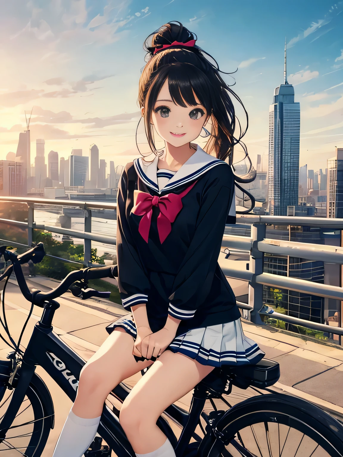 highest quality、High resolution、detailed background、beautiful and detailed face、beautiful and smooth skin、skin texture、professional lighting、Cute beautiful Iful Girl、Cute character wearing a sailor suit.、The costume is a uniform with a sailor collar and ribbon..、Cute Ponytail、cute hair accessories、sleeveless、knee high socks、pleated haute sleeves、white sailor one piece、Let's ride around town on a cool road bike、bicycle、Drop Handle、tires are thin、smile、
Can drive at high speed even in the city, So that you can enjoy the view of the city.、skyscrapers and beautiful architecture、Park and riverside scenery