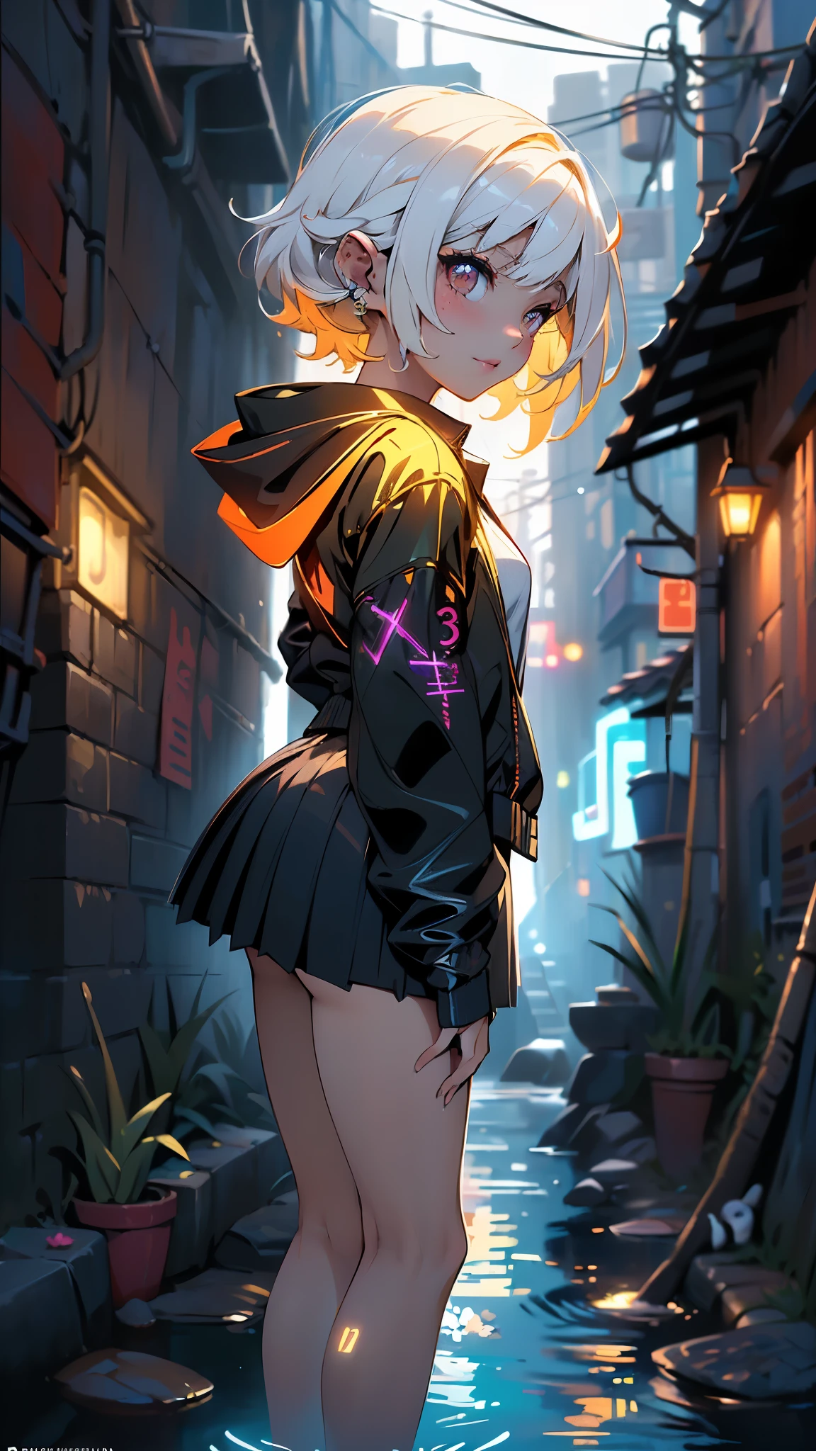 (rear view, backside view),Pon un pie en la plataforma.、Backward position, (Levanta y enfatiza un lado de tu trasero.)、wearing a light orange cardigan(of the highest quality))、((obra maestra)、brillo de piel real、((((13yo girl))))、Close-up view of a short blonde loser with braids on the tropical coast looking up from the basement)、(Bikini blanco opaco)、Use medias de rejilla en el pecho。pose sexy、mis pechos han crecido、Atardecer、leve sonrisa、((1 piel brillante.7)), (background alley stone walls lights neon water :1.4), (pose vaquero), (minifalda colegiala White:1.4), ,( ciberpunk 2.1)