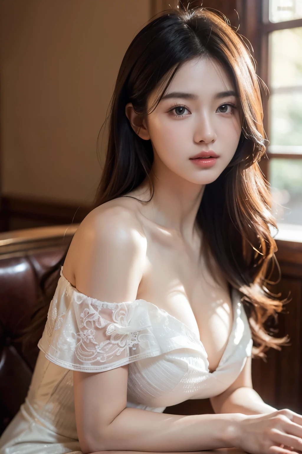 8k, masterpiece, RAW photo, best quality, photorealistic, extremely detailed CG unity 8k wallpaper, Depth of field, Cinematic Light, Lens Flare, Ray tracing, (extremely beautiful face, beautiful lips, beautiful eyes), intricate detail face, ((ultra detailed skin)), best quality, Masterpieces, Super high resolution, (photograph realistic:1.5), Original image, luxury long dress, 1girl, offshoulder, In the dark, deepshadow, low tune, Cold light, Sexy look, long whitr hair,Cafe,pretty,lim light,swirling hair, medium shot, big breast.