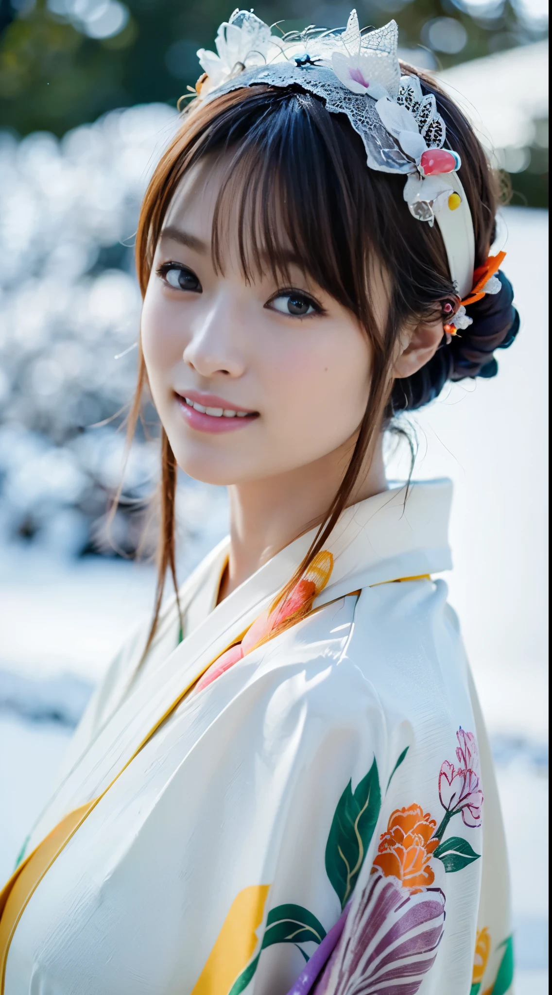 (((Wearing a pure white, thin kimono that shows little skin、Beautiful woman standing on a snowy mountain at night))),(((In the dim light of a blizzard、A snow woman who looks good in a plain white kimono is standing staring at me..))),(((muste piece:1.6))),(((Ulsan-6500))),(((perfect anatomy:1.6))),(((Deep depth of field with Hasselblad))),(((sexy waist))),masterpiece,highest quality,ultra high resolution,high detailed portrait,(realistic pictures:1.4),(((tall nose and beautiful face))),(((long limbs like a model))),The fair-skinned nape of the neck is dazzling,(((The beautiful pure white kimono that shows off the lines of her body stands out..))),pull your chin and smile,((Full body shot from the front)),20-year-old, Her long glossy chestnut hair is tied up and the nape of her neck is sexy..,((Proud F cup breasts )),(can'my waistline is not enough),(A scene from a famous Japanese folk tale),(look over your shoulder、Raise the corners of your mouth and eyebrows and smile),fine eyes,((Gravure shooting in a snowy mountain forest)),((long eyelashes,Big eyes,Clear double eyelids,((Glossy thick lips)),(((perfect anatomy:1.4))),