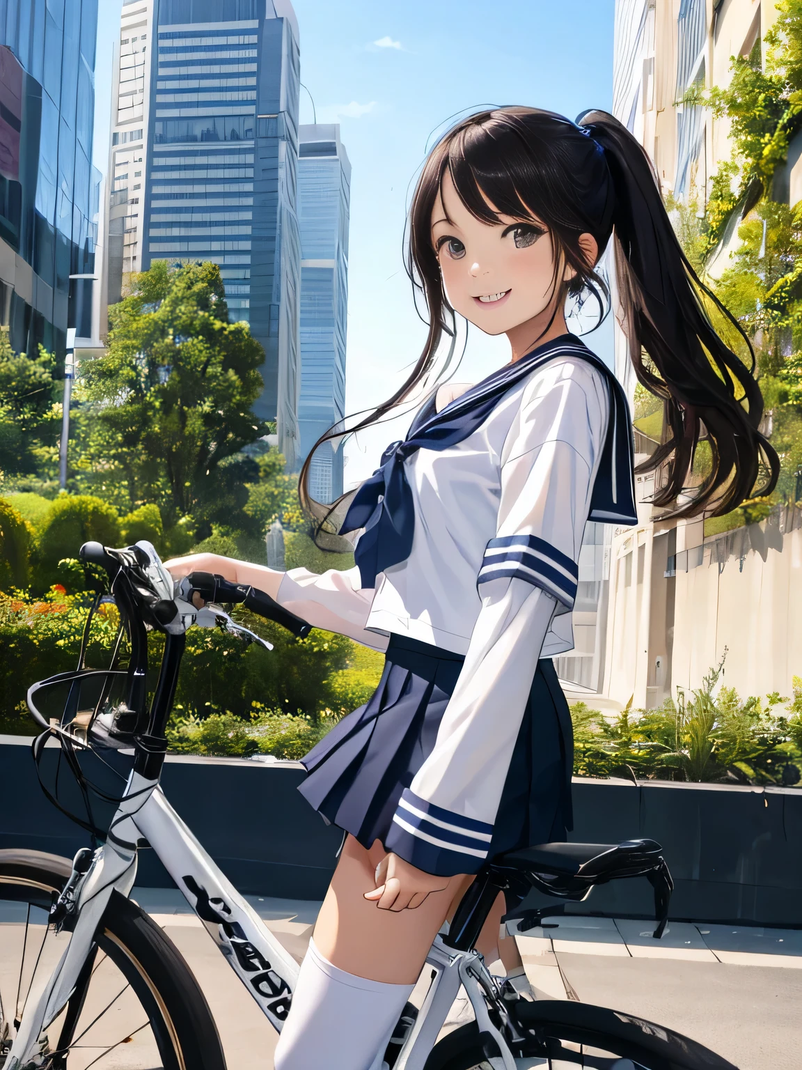highest quality、High resolution、detailed background、beautiful and detailed face、beautiful and smooth skin、skin texture、professional lighting、Cute beautiful Iful Girl、Cute character wearing a sailor suit.、The costume is a uniform with a sailor collar and ribbon..、Cute Ponytail、cute hair accessories、sleeveless、knee high socks、pleated haute sleeves、white sailor one piece、Let&#39;s ride around town on a cool road bike、bicycle、Drop Handle、tires are thin、smile、
Can drive at high speed even in the city, So that you can enjoy the view of the city.、skyscrapers and beautiful architecture、Park and riverside scenery、sunset

