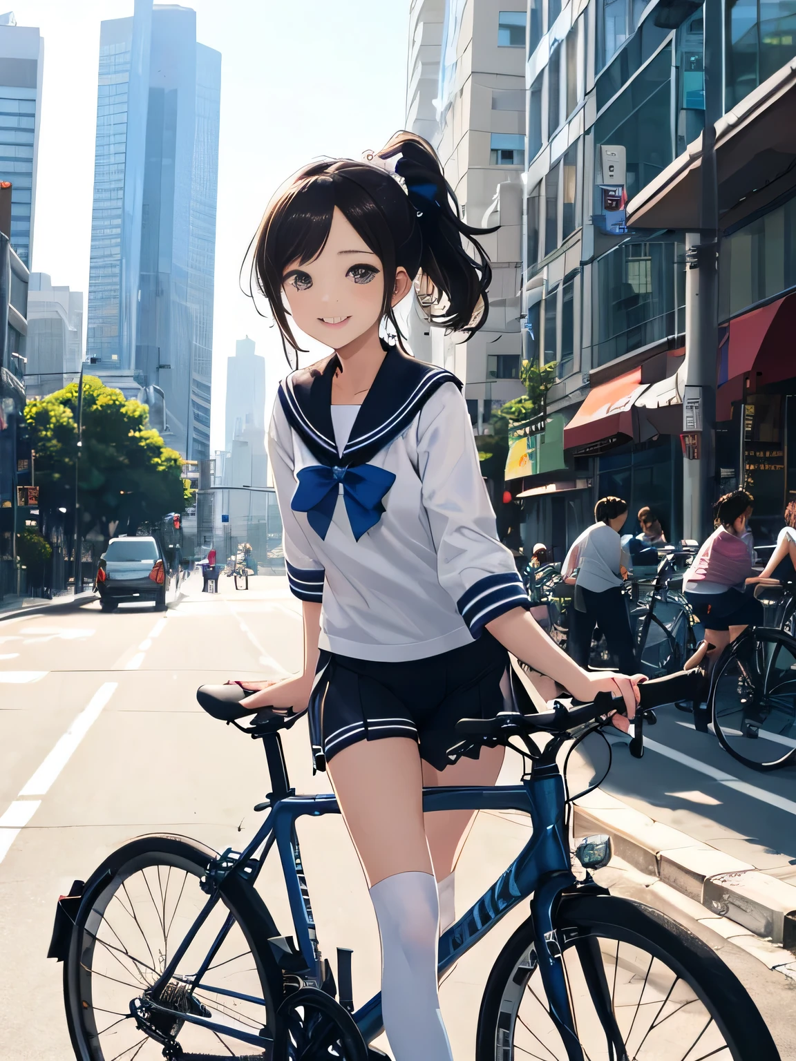 highest quality、High resolution、detailed background、beautiful and detailed face、beautiful and smooth skin、skin texture、professional lighting、Cute beautiful Iful Girl、Cute character wearing a sailor suit.、The costume is a uniform with a sailor collar and ribbon..、Cute Ponytail、cute hair accessories、sleeveless、knee high socks、pleated haute sleeves、white sailor one piece、Let's ride around town on a cool road bike、bicycle、Drop Handle、tires are thin、smile、
Can drive at high speed even in the city, So that you can enjoy the view of the city.、skyscrapers and beautiful architecture、Park and riverside scenery