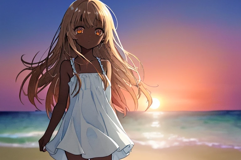 masterpiece, high quality, A girl in a one-piece dress standing on the beach at duskm, The illustration is drawn in watercolor with a pastel color scheme, soft touch color, long brown hair, dark_skin, brown eye's, eyes in highlight, catch light eyes, specular highlight eyes, white one-piece dress, okinawa, beach, sunset, magic hour, twilight, bokeh, Blurred Backgrounds,