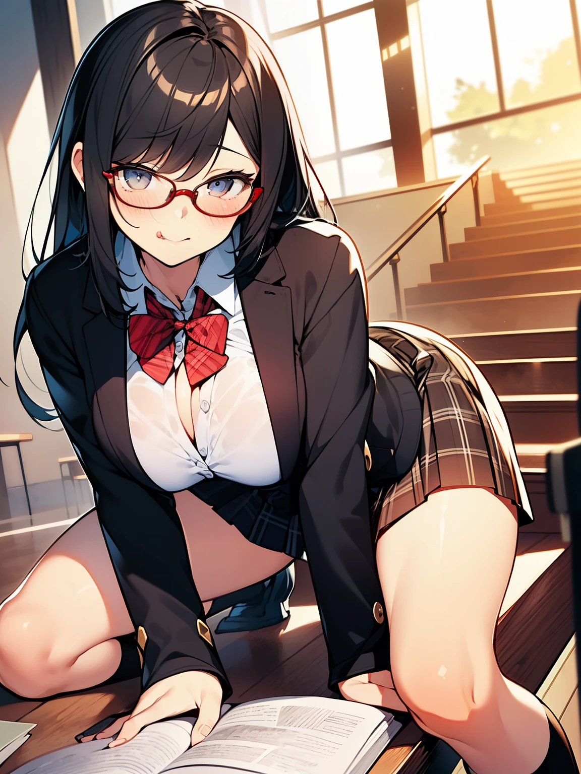 ((table top, highest quality, High resolution, nffsw, perfect pixel, 4K, nffsw, nffsw))), 1 girl, single, alone, beautiful woman、I could see the whole body、 ((straight long hair,bangs,black hair)), ((Silver glasses、dark eyes, beautiful eyelashes, realistic eyes)), ((detailed face, blush:1.2)), ((smooth texture:0.75, realistic texture:0.65, realistic:1.1, Anime CG style)), dynamic angle, perfect body, ((red bow tie, school uniform, black jacket, open jacket, Brown cardigan, white shirt, black skirt, plaid skirt)), library、Angle looking up from under the floor、Low - Angle、very embarrassed face, sit on the stairs、(The wind flipped my skirt and exposed my butt...................................、、open your legs、Both knees are wide open、white floral lace panties)、big breasts、cleavage、camel toe、Book、reading、School bag、big breasts、Looks like she wants a dick、Staring at a man's erect penis、licking the white cream on his finger