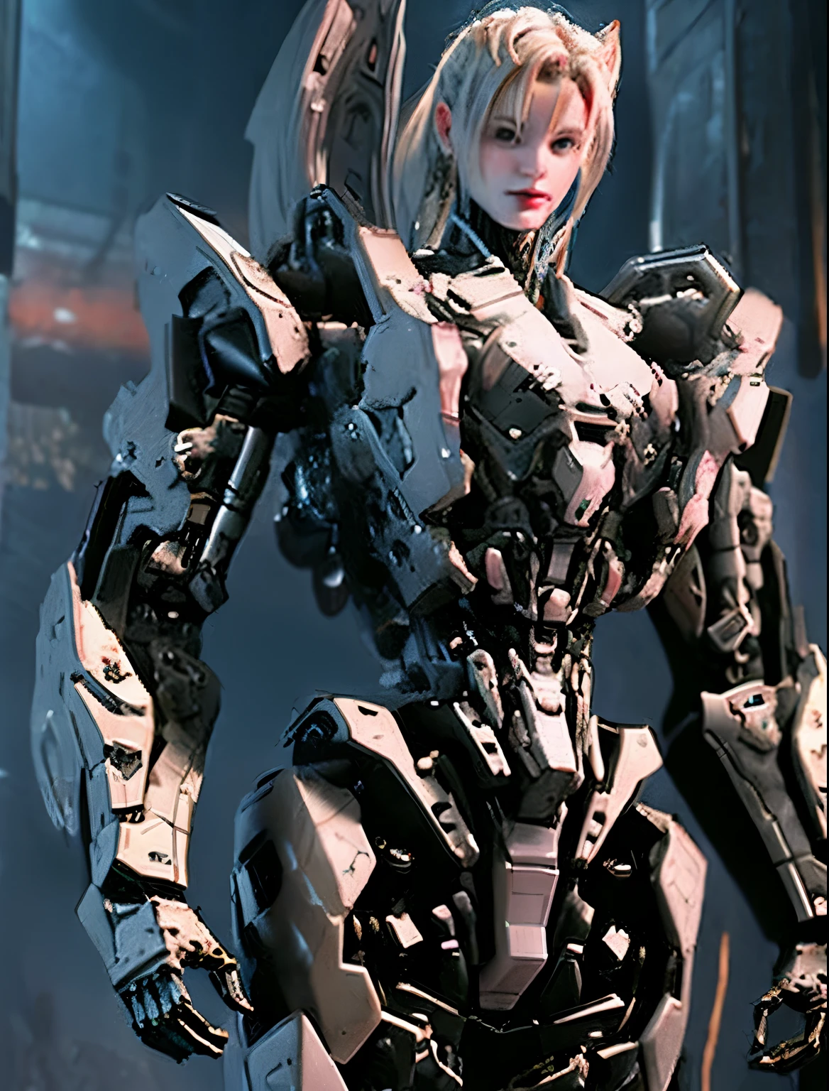 Giant mechanical breast module，Future technology breast fighting goddess，Future technology underground mechanical Titan night experimental base，central control hall，The majestic giant towering girl mecha，Ultra-clear Unreal Engine photography rendering，Marbled silicone crystals cover breasts，light hair，Masterpiece Samus，shocked expression，Unreal Engine Neon Atmosphere，slender posture，Kazlan’s pretty face，Sexy magazine cover takes place in a dark underground palace，The sexy angel with ponytail and bun has a romantic atmosphere and special effects halo behind her，super clear breasts，Kazlan’s charming eyes