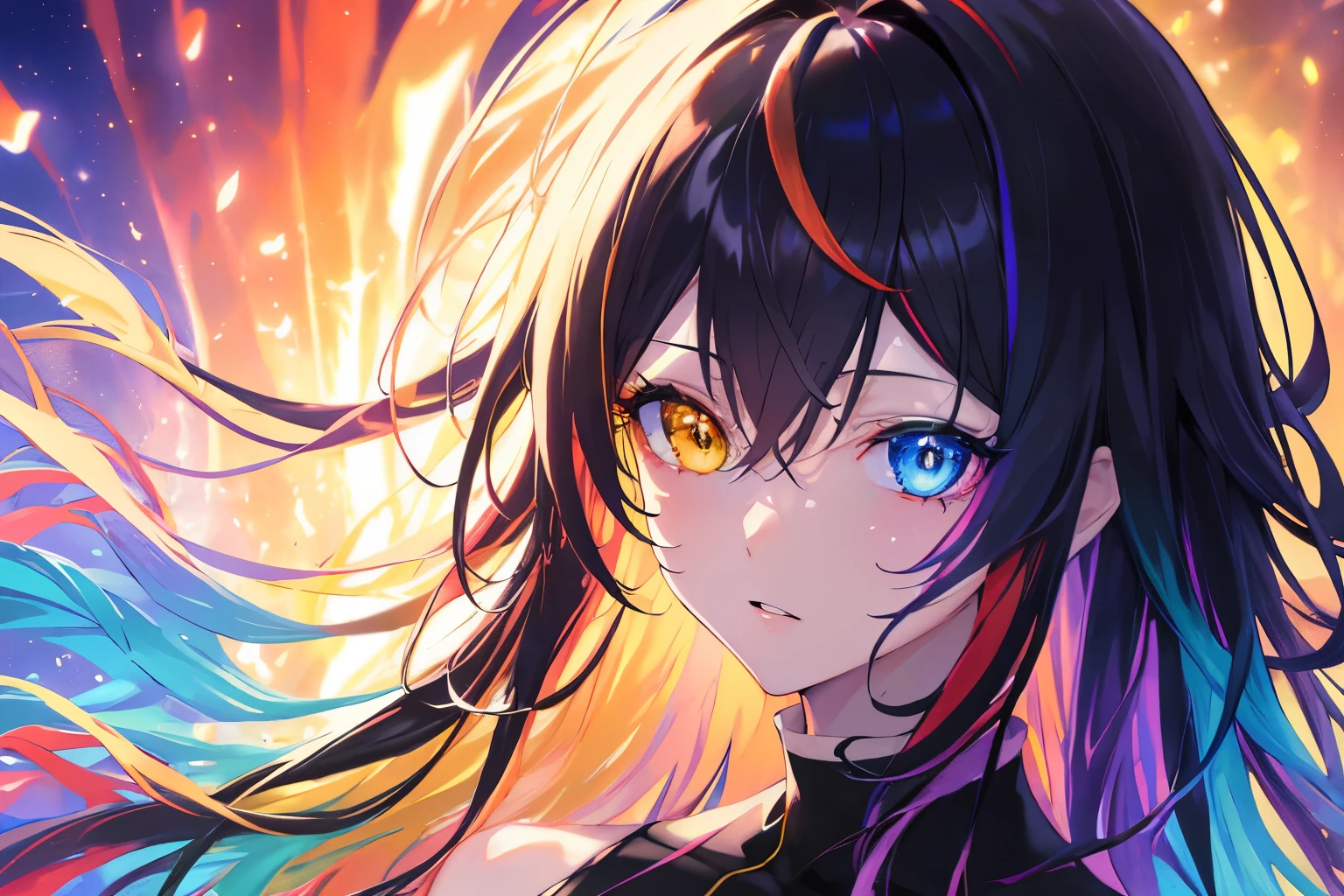 {{masutepiece}}, Best Quality, the Extremely Detailed CG Unity 8K Wallpapers, Cinematic lighting, Lens Flare, Beautiful detail eyes, Black, side glance, Multicolor Hair, Colorful light, Particle, Heterochromia, (Colorful:1.5), (Colorful hair:1.5), sunset