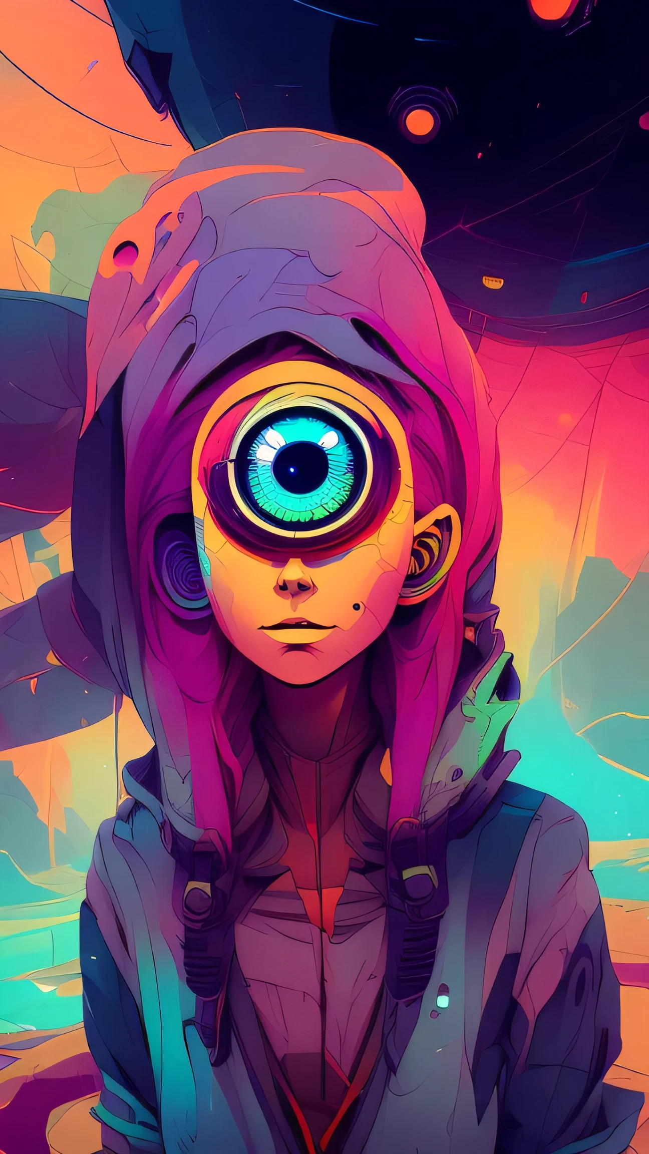 a closeup of a person with a strange eye, Beeple and Jeremiah Ketner, Al estilo de Cyril Rolando, inspirado en Cyril Rolando, Cyril Rolando y Goro Fujita, por Cyril Rolando, psychedelic illustration, Arte trippy, sci-fi digital art illustration, Psychedelic cosmic horror, Cyril Rolando y M.W Kaluta