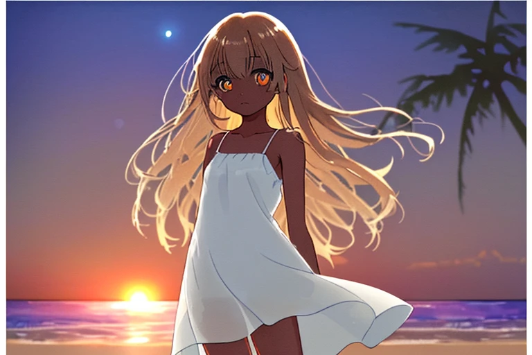 masterpiece, high quality, A girl in a one-piece dress standing on the beach at duskm, The illustration is drawn in watercolor with a pastel color scheme, soft touch color, long brown hair, dark_skin, brown eye's, eyes in highlight, catch light eyes, specular highlight eyes, white one-piece dress, okinawa, beach, sunset, magic hour, twilight, bokeh, Blurred Backgrounds,