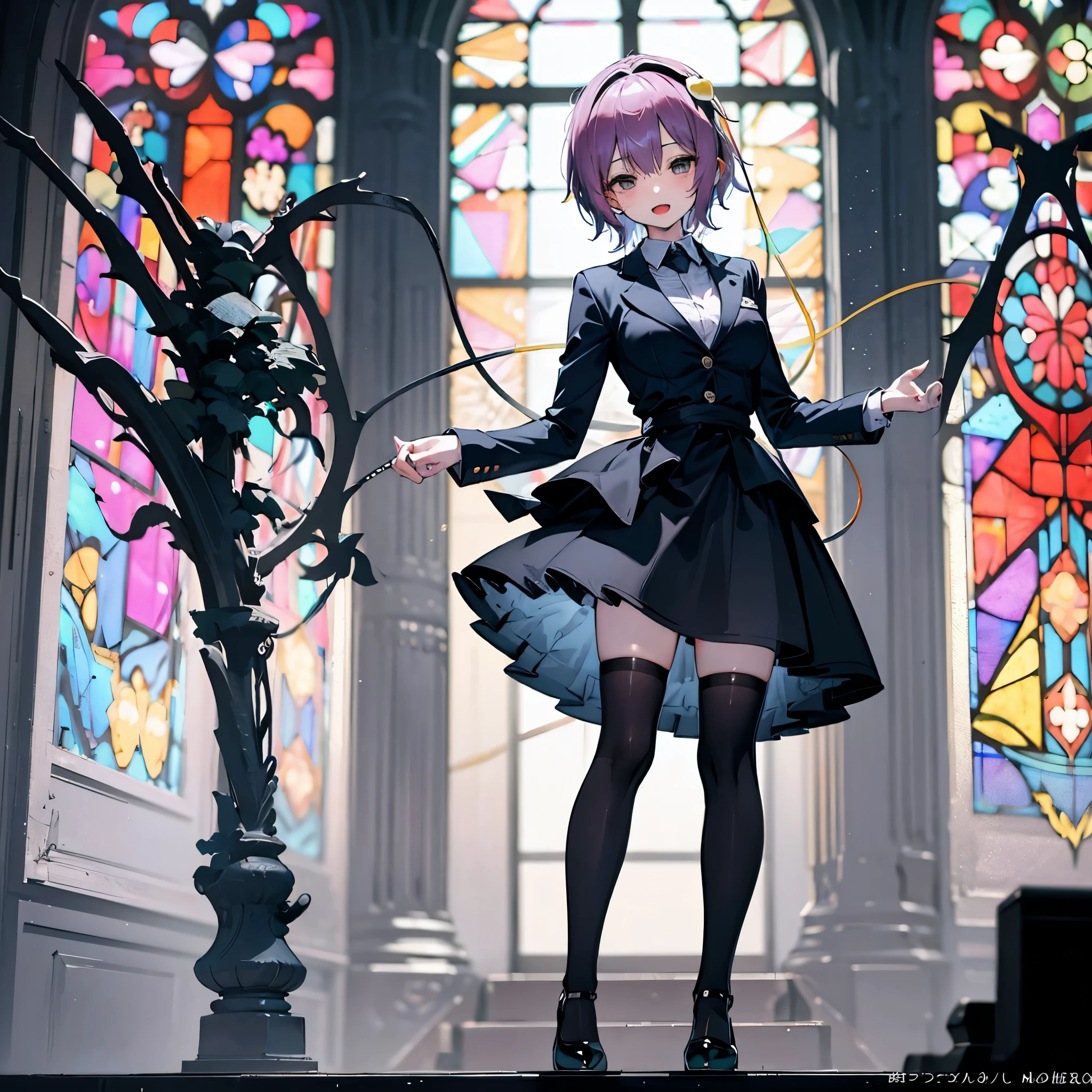 (Satori toho character:1.1), (solo), (standing in church), (stained glass), BREAK, short hair, large perky breasts, (inconceivably short torso), (inconceivably thin waist:1.2), (very long legs), BREAK, (tight black blazer:1.3), (black thighhighs:1.35), (very short black high-waist skirt:1.35) cinches waist too tight, (highheels), BREAK, nose blush, sad smile, open mouth, BREAK, masterpiece, ultra-detailed, ultra high resolution, full body