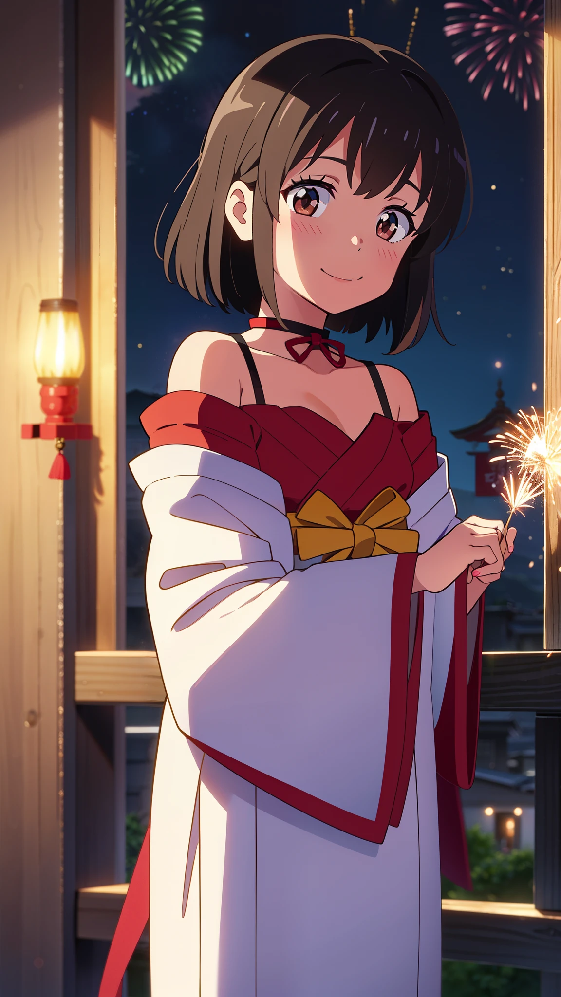 shinkai makoto, kimi no na wa., 1girl, bangs, black hair, blush, brown eyes, shiny skin, smile, cute, shrines, shrine maiden clothes, Off-the-shoulder, looking at the viewer, short hair, solo, night, building, red lanterns, lunar new year, outside, fireworks