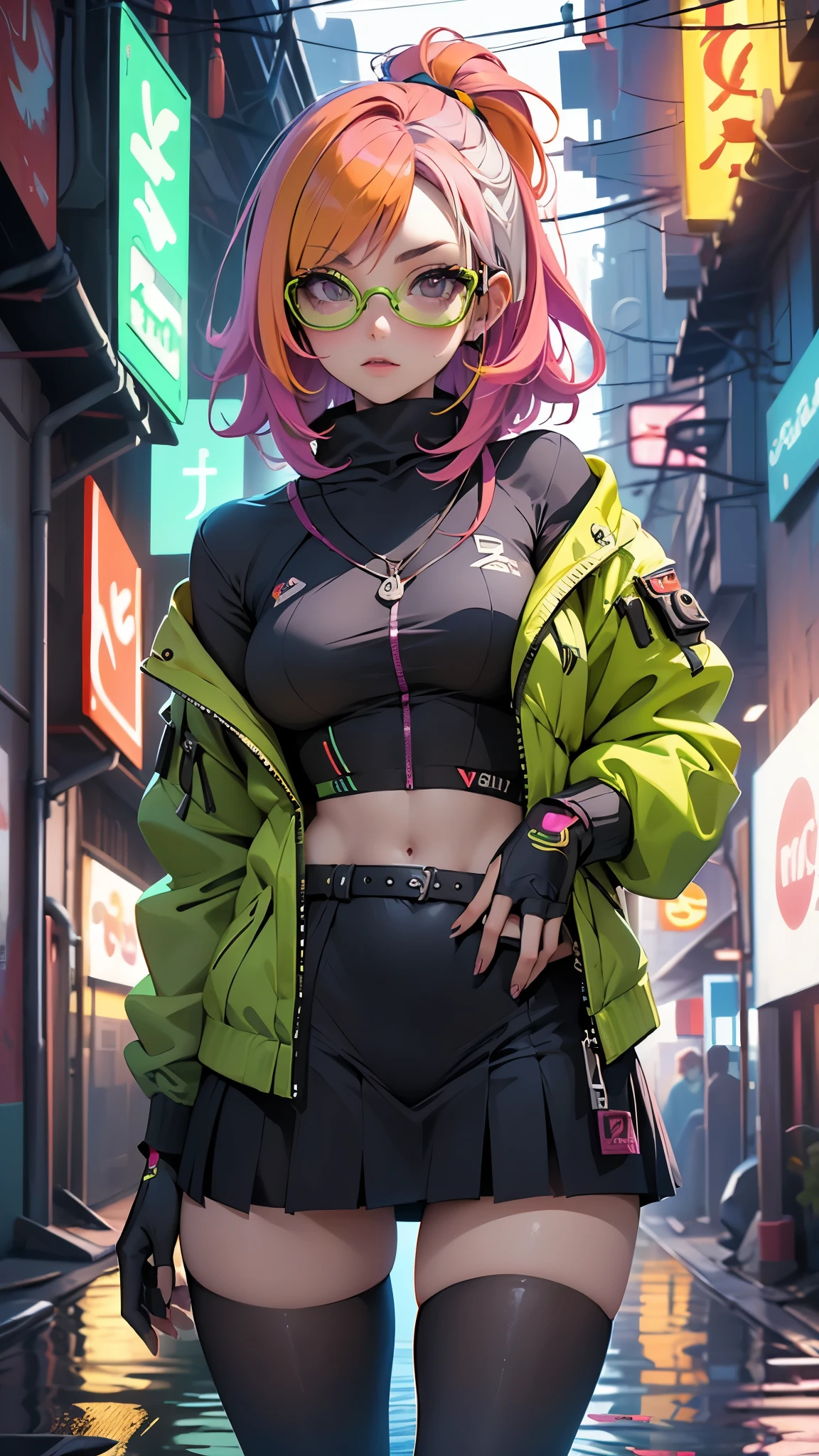 3679 cyberpunk year（obra maestra，High Definition，Super high definition，32k loto root starch）Loose bright purple hair，Autumn pond， loto root starch color， Asian （Michiko）， （silk scarf）， postura de lucha， mirando los globos de colores， Cabello largo degradado naranja， ((Gafas reflectantes de jade a prueba de viento con montura gruesa))Floating bright purple， Tocado de nube de fuego dorado， (Prenda china de seda dorada de manga larga:1.4) ， （Salpicadura de tinta abstracta：1.2），Antecedentes de Marte，loto（de modo realista：1.4），cabello morado brillante，Humo en la carretera，fondo muy marfil、Puro， high resolution， Gafas protectoras contra el viento detalladas， RAW photos loto root starch， Re agudo， Nikon D850 Film Photography by Jefferies Lee 4 Kodak Portra 400 F1 Camera.6 armas, vistoso, super real、Texturas vivas, dramatic lighting, Tendencia de Unreal Engine Art Station, Nido de silicona 800, (background alley big stones night:1.4), (pose vaquero), (Perfect anatomy),( neon green  minifalda cyberpunk:1.4 ), ,( ciberpunk 2.1), (minifalda White colegiala :1.4) 