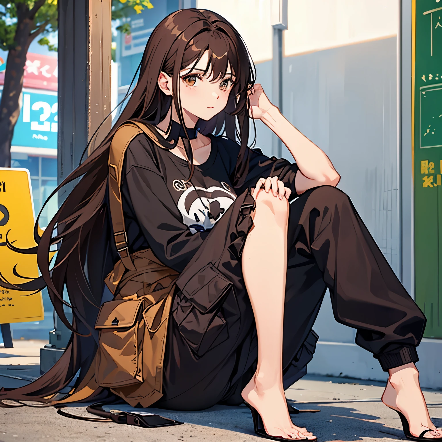 dark brown hair dark brown eyes very small breasts 1 bag 27 years old long hair casual outfit 1 woman cargo pants
