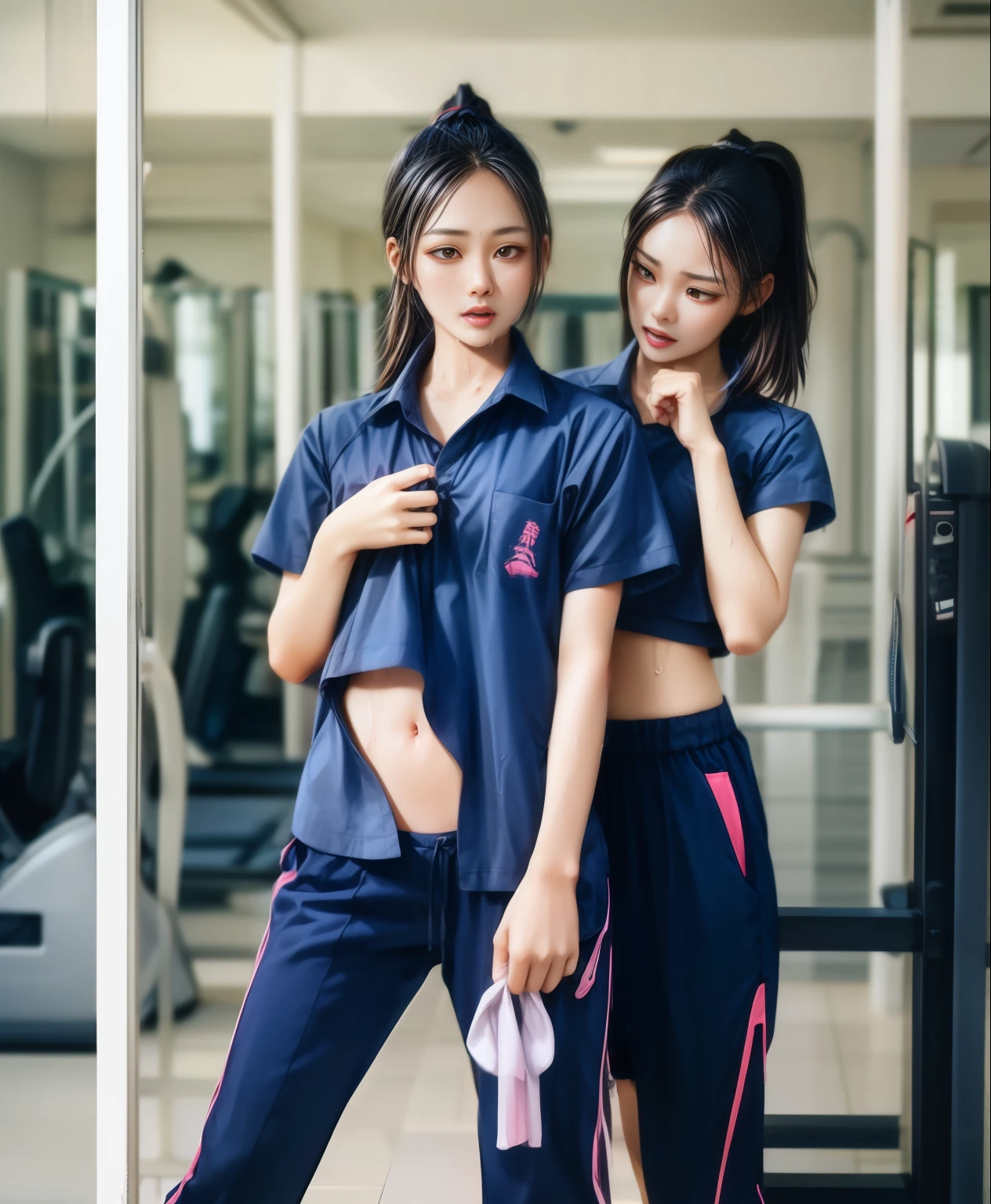 3 girls in fitness center, Navy blue short-sleeved shirt,Navy Long Trackpant,Sweatpants, Sweatpantsขายาว,25 year old girl, lesbian, sexy, exercise clothes, wet body, exercise clothes