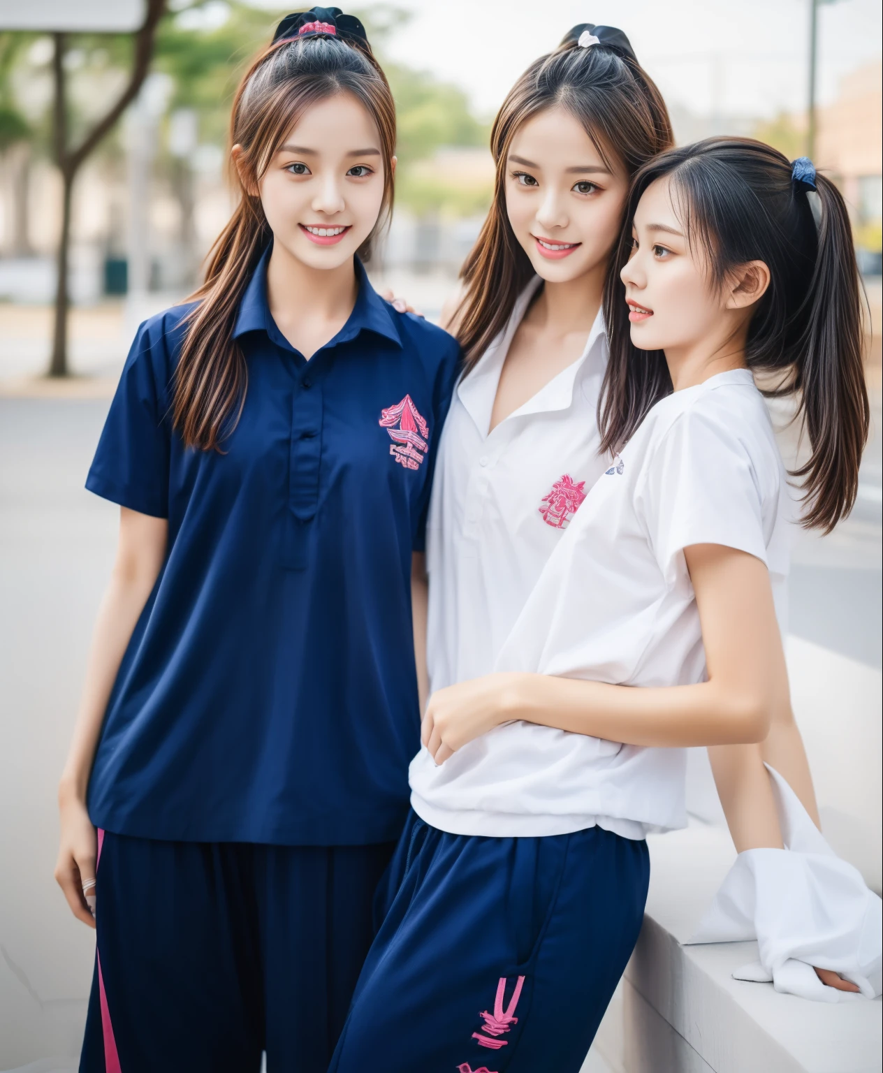 3 girls in fitness center, Navy blue short-sleeved shirt,Navy Long Trackpant,Sweatpants, Sweatpantsขายาว,25 year old girl, lesbian, sexy, exercise clothes, wet body, exercise clothes