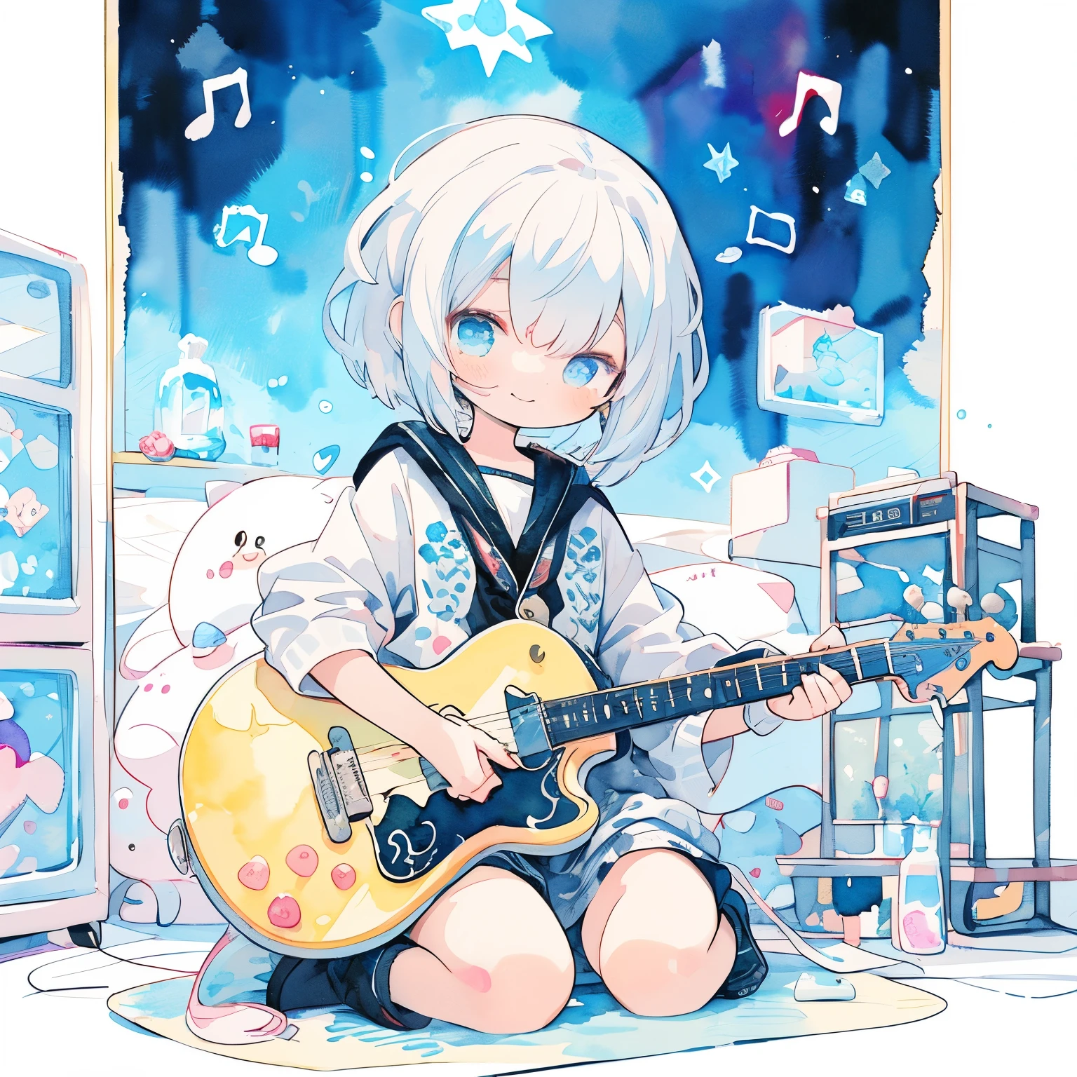 pastel colour:1.5)、(cute illustration:1.5)、(watercolor painting:1.2)、light blue background、with a girl、Full body Esbian、Laugh and laugh、Stranger、Pale yellow all over、Moya、marble、Colorful、jelly、Holding a guitar、Blue Guitar、looking at the viewer、music、musical note、Floating Notes、melodic、short hair、in the room、pretty girl、electric guitars、electric guitarsを持つ、two girls