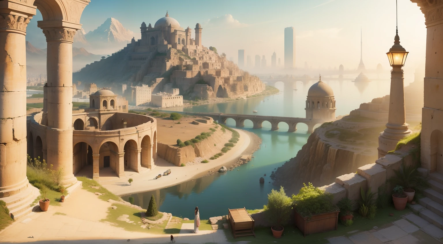 OldEgyptAI, paisaje con ciudades habitadas y modernas con avenidas trenes y autos calles paimentadas