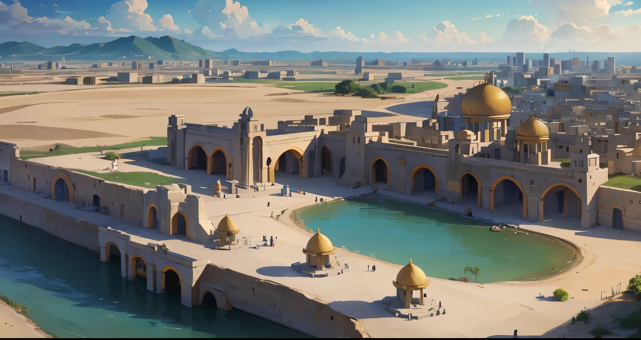 Aerial view of a city in ancient Babylon, con piramides escalonadas gigantes en el fondo en la era del rey Nabucodonosor, ciudad en los tiempos de la Biblia, papel tapiz impresionante, ciudad de babilonia, babylonian village, Foto hiperrealista de una ciudad, velha babylonian village, por Raymond Han, noche lluviosa , Castillo Antiguo, con rayos de sol, Handsome and aesthetic, Photography, cinematographic, ellos 8K