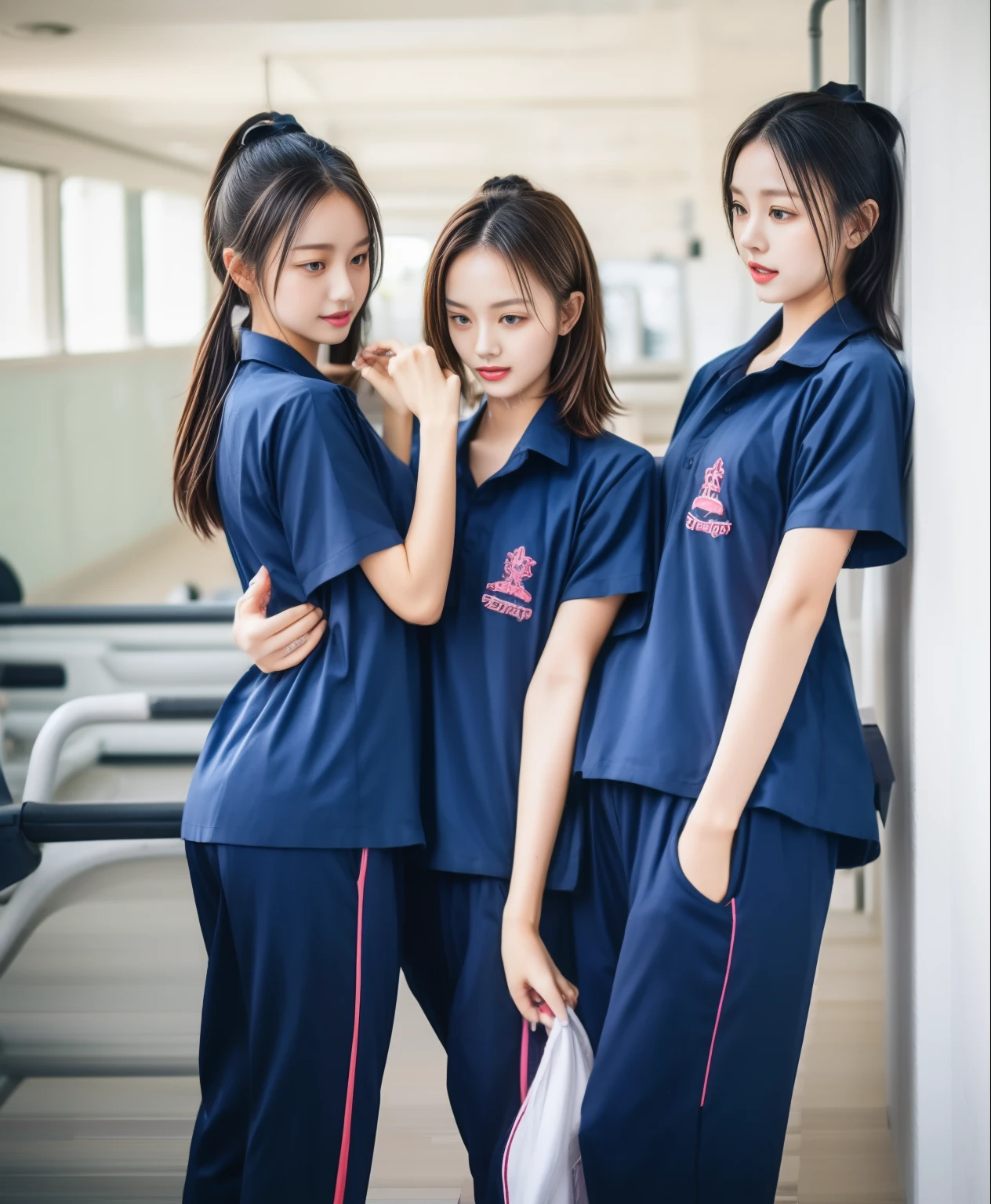 3 girls in fitness center, Navy blue short-sleeved shirt,Navy Long Trackpant,Sweatpants, Sweatpantsขายาว,25 year old girl, lesbian, sexy, exercise clothes, wet body, exercise clothes