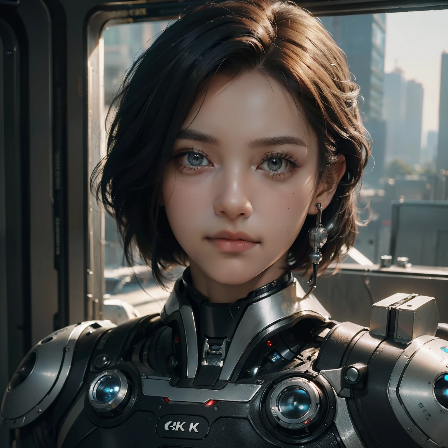 ((Top quality, 8K, Masterpiece: 1.4)), High-definition: 1.5, Cyborg: 1.2, Part robot, Part human: 1.3, Science experiment: 1.1, Portrait: 1, ((85mm, f1.8: 1.4)), Laboratory background: 1.3, Looking at Viewer: 1. Fine details: 1.2, Realistic textures: 1.3, Metallic surfaces: 1.1, Wires and circuits: 1.2, Human skin: 1.3, Complexion: 1.2, Expressive eyes: 