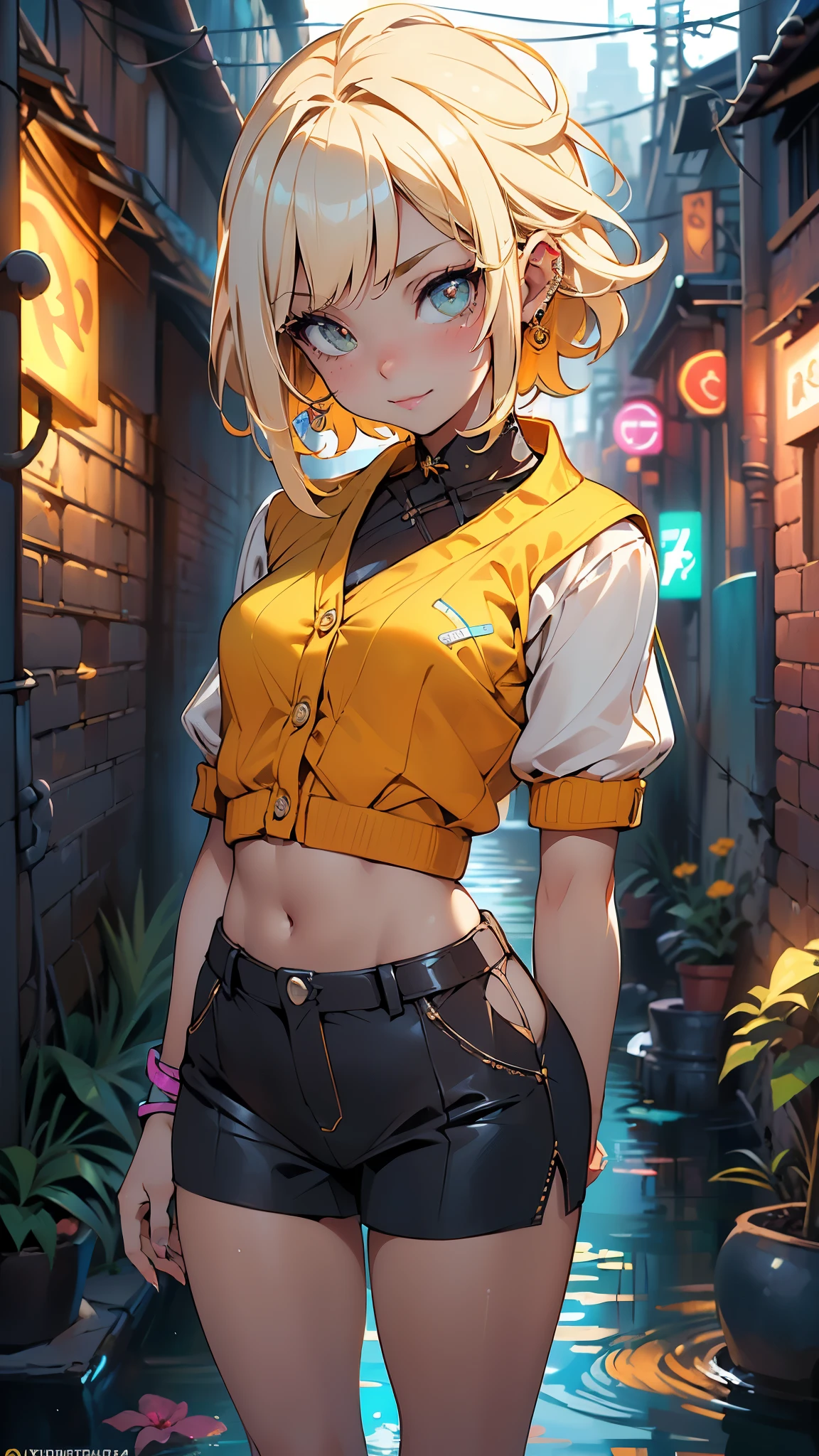 Pon un pie en la plataforma.、Backward position, (Levanta y enfatiza un lado de tu trasero.)、wearing a light orange cardigan(of the highest quality))、((obra maestra)、brillo de piel real、((((13yo girl))))、Close-up view of a short blonde loser with braids on the tropical coast looking up from the basement)、(Bikini blanco opaco)、Use medias de rejilla en el pecho。pose sexy、mis pechos han crecido、Atardecer、leve sonrisa、((1 piel brillante.7)), (background alley stone walls lights neon water :1.4), (pose vaquero), (minifalda colegiala White:1.4), ,( ciberpunk 2.1), (de modo realistic:1.4) 