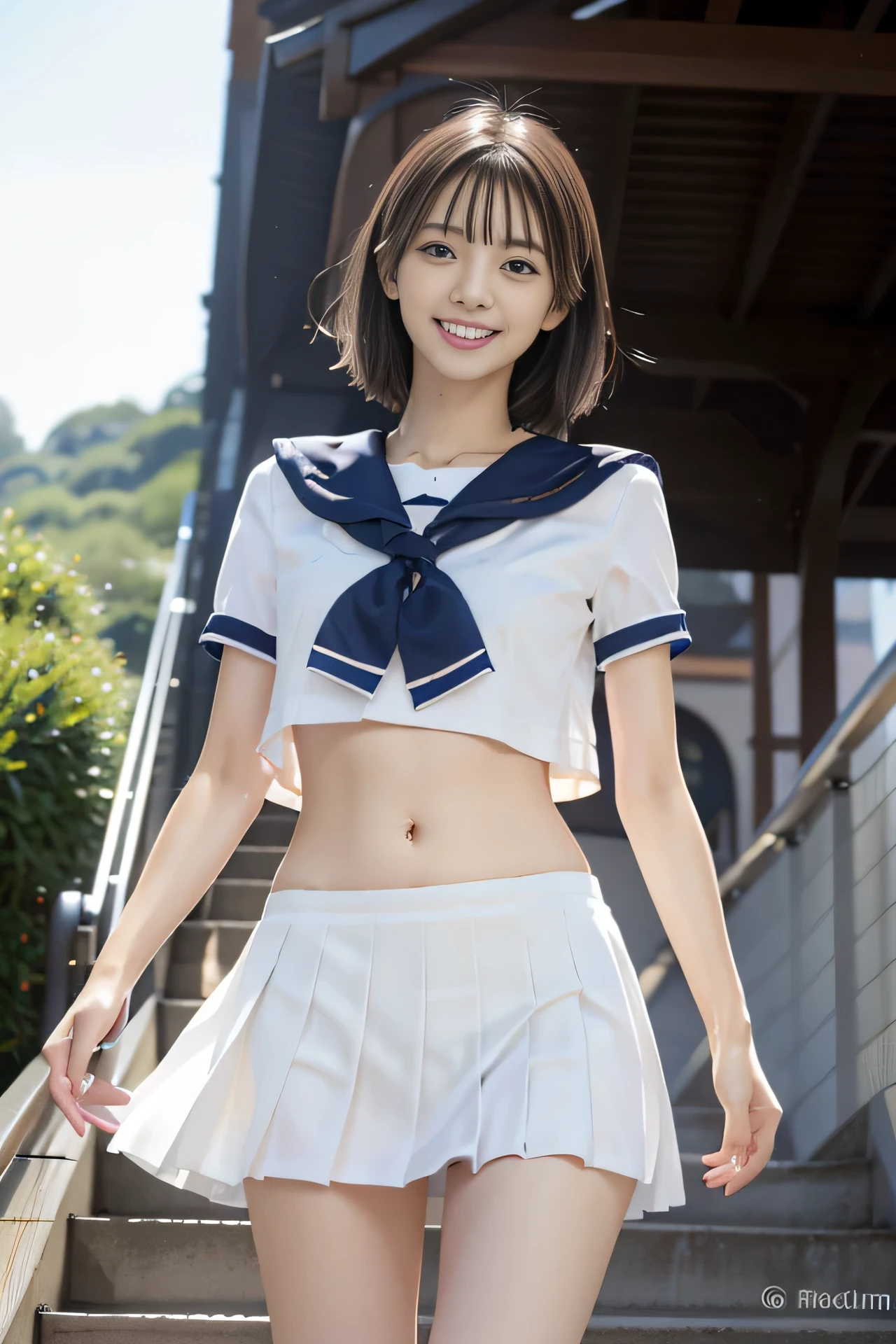 High resolution, RAW photo, realistic, very delicate and beautiful, very detailed, finely, very detailed CG Unity 8K 壁紙, super detailed, (highest quality, 8K, 32K, masterpiece, UHD:1.2), Photos of erotic cute Japanese models in their 20s, summer sailor costume school uniform, short sleeve, pleated mini skirt, low rise, belly button, expensive, skinny, flat chest, short hair, smile, upper teeth, outdoor, Walk along the station platform, Eurostar, (stage, from below:1.3),