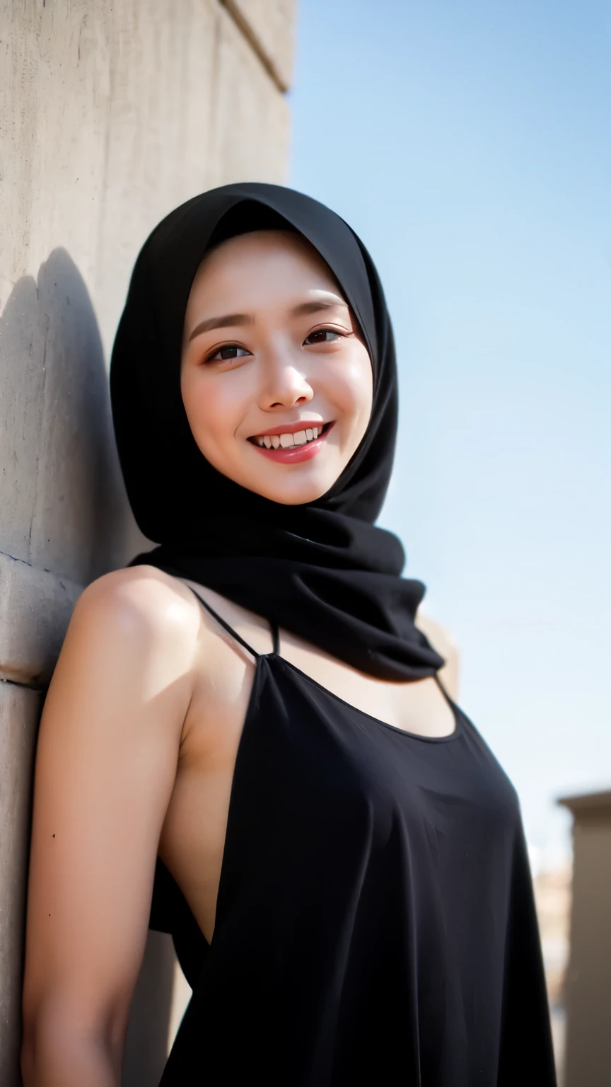 Black hijab collor, ((Best quality, 8k, Masterpiece :1.37)), (wear hijab girls), girls wear hijab, (girls wearing hijab moslem), beautiful face, face bukkake, 18 years old girls, hair black, ultra detailed face, ultra detailed body, slim body, lips smile, Beautiful detailed eyes, eyes korean, detailed nose, Natural Lip, ((Lips Smile)), face smile, Wear hijab moslem, fancy jubba thobbe, (photo full body), lview of the blue sky, Slim Body, body erotic, (undressing nude), realistic face, backround people hijab 