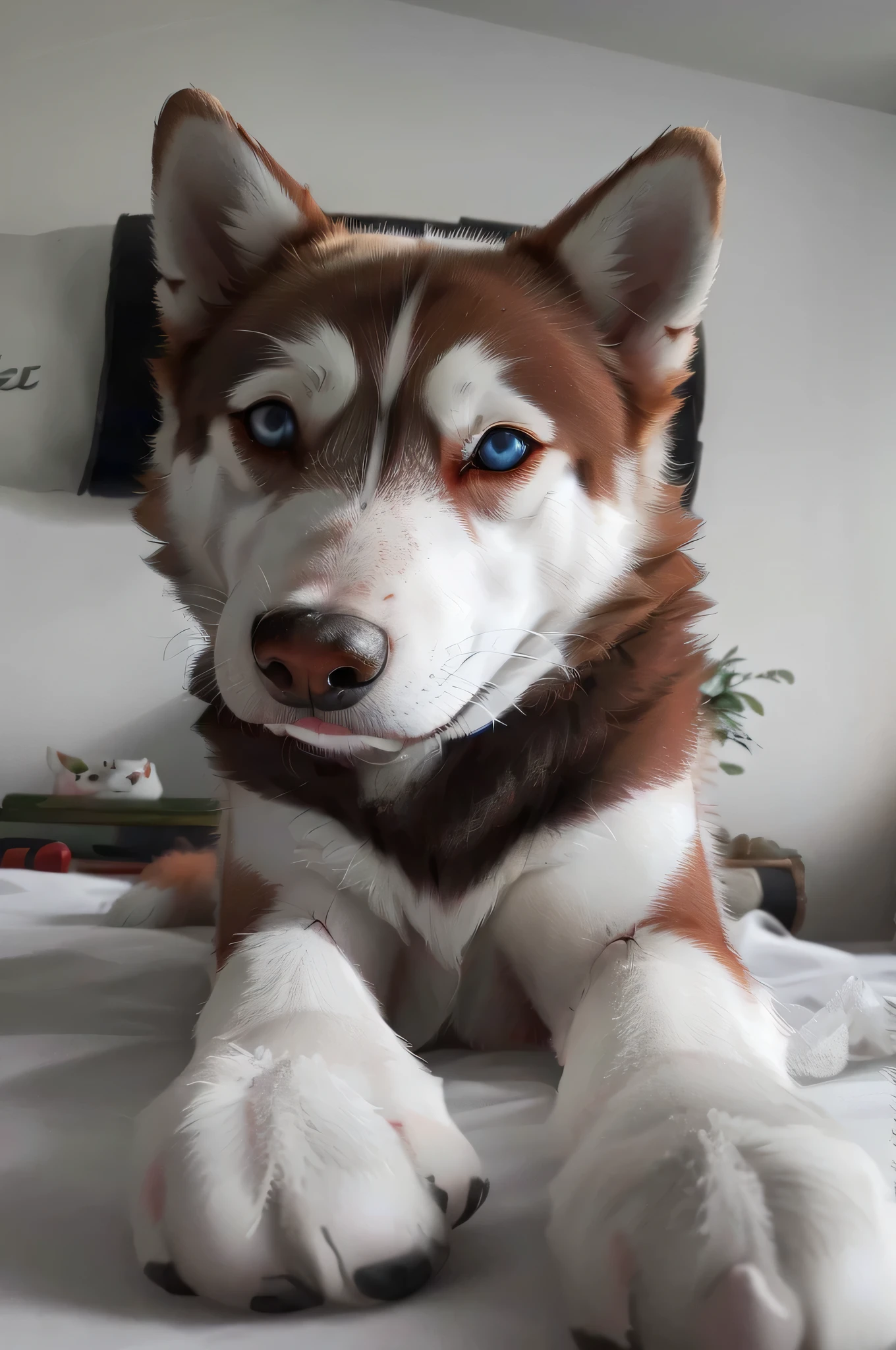 un perro husky blanco y rojo, ojos azul claro y pupilas negras, looking defiantly at the camera.