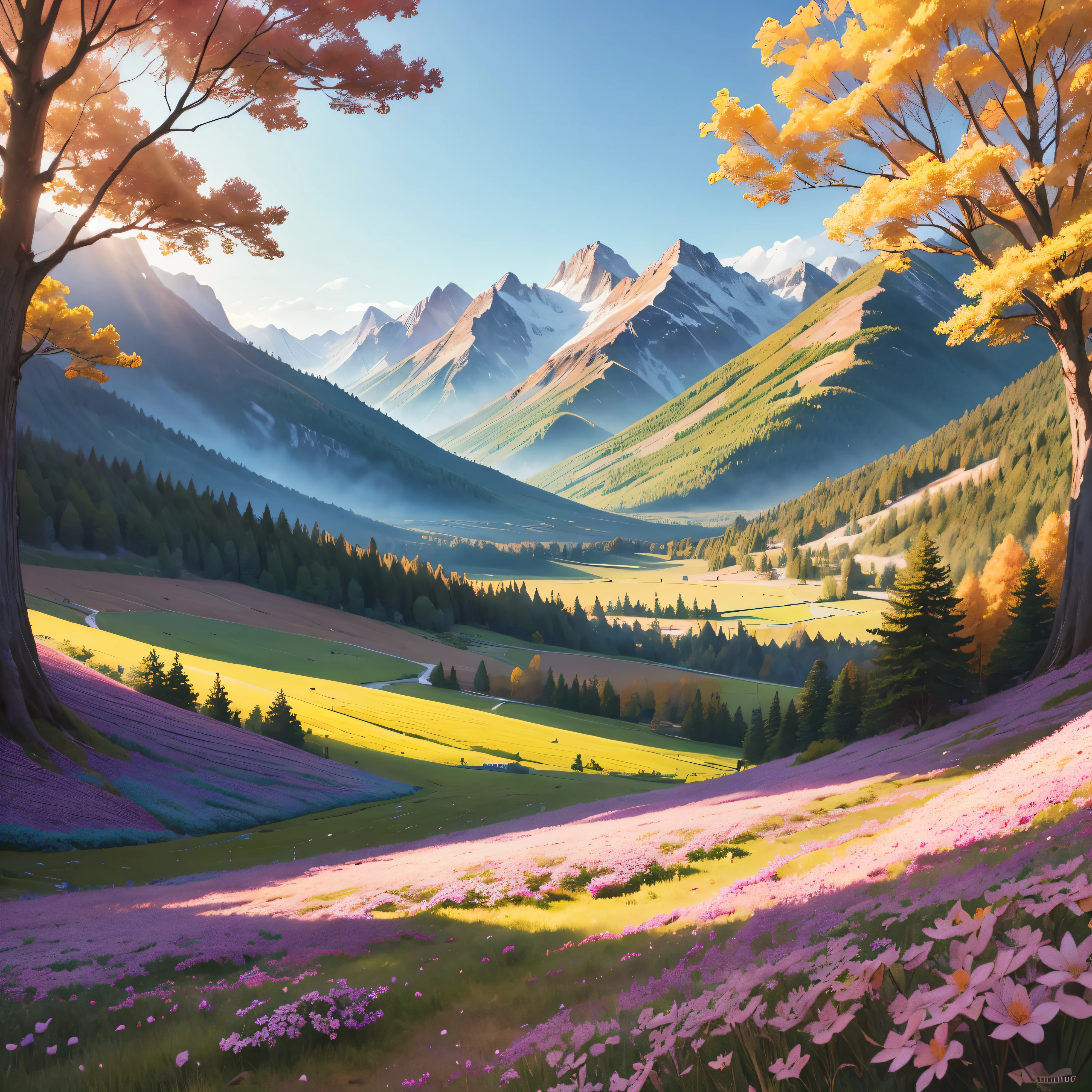 (Mejor calidad,high resolution),vivid scenery,estilo acuarela,hojas cayendo,beautiful big mountains in the background,sunlight streaming through the trees,prado de flores,crujido de hojas,Pajaros cantando