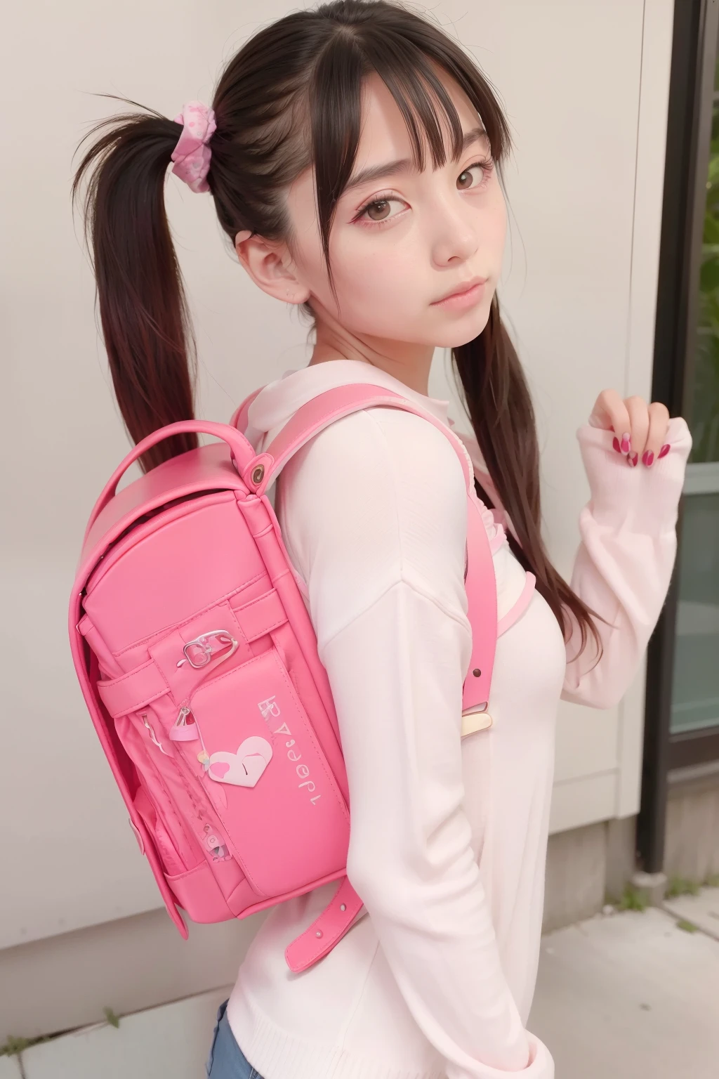 (8K, 4K, highest quality, High resolution, 超High resolution:1.1), (masterpiece, realistic, photo-realistic:1.1), 1 girl,  face, close, twin tails, brown hair, black eye, red lips,  (looking at the viewer:2), ridiculously long hair, Long eyeliner, eye shadow  , Big eyes, wear a white shirt, brown cardigan(cardigan:1.0), (pants:1.0), wearing pink school bag backpack, Side view, (school bag backpack:1.0), ah