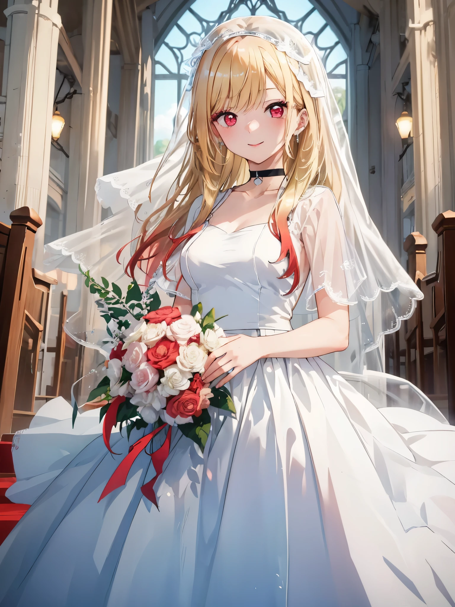 marin kitagawa popochichi, blonde hair, choker, ear piercing, earrings, long hair, piercing, (red eyes:1.5), straight hair, swept bangs, gradient hair, 1 girl, looking at the viewer, software, High resolution,masterpiece,highest quality, ,1 girl, alone, hair flower, wedding d again ss, Holding a bouquet of flowers in your hands, Chacha, smile, church, white bridal veil, Wedding dress, wedding style,