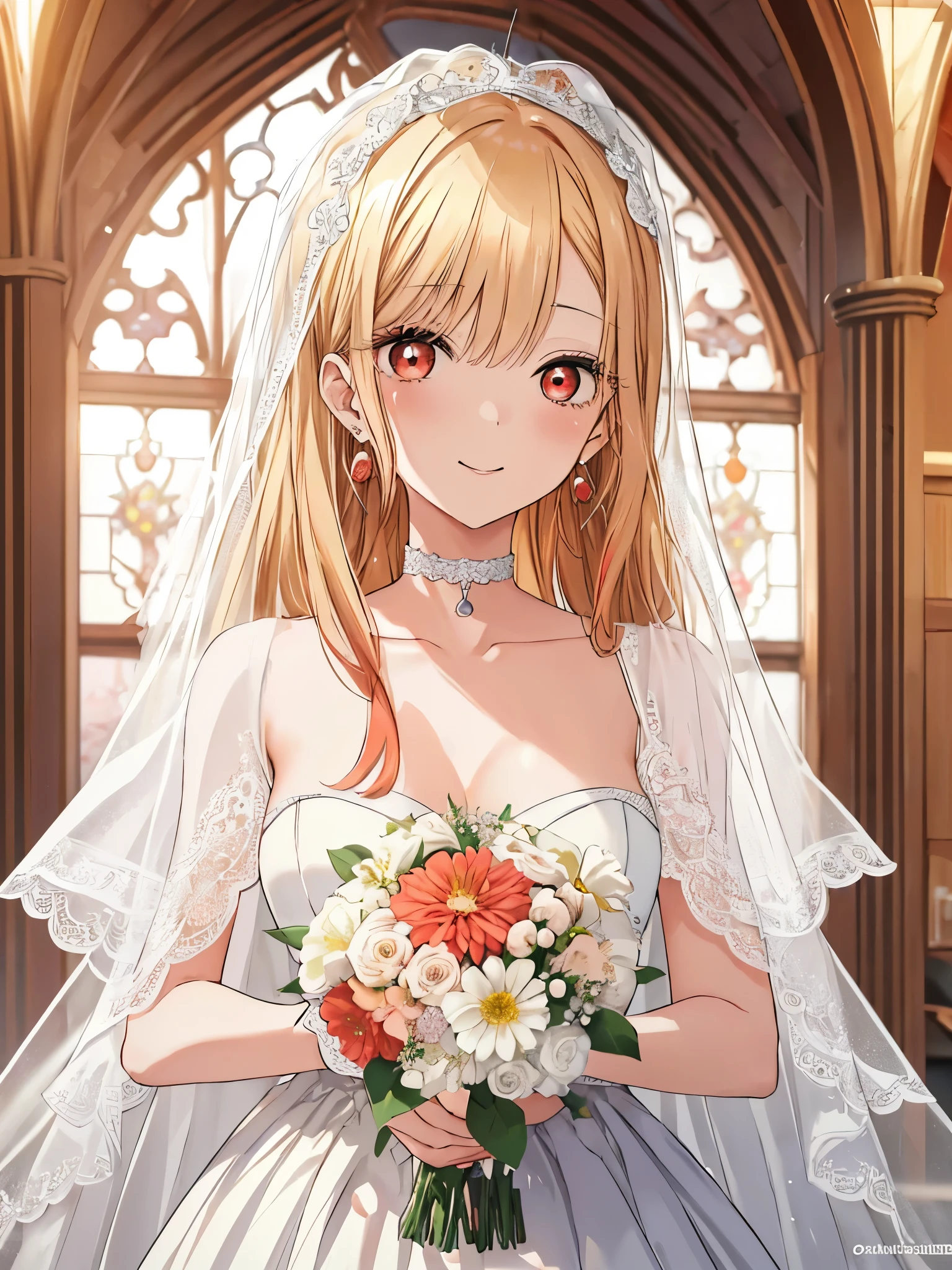 Marin Kitagawa、Marin Kitagawa、blonde hair、choker、耳earrings、earrings、long、earrings、(red eye:1.5)、straight hair、Bangs sweep、 BREAK is(masterpiece:1.2)、highest quality、High resolution、Unified 8K wallpapers、(An illustration:0.8)、(beautiful detailed eyes:1.6)、highly detailed face、perfect lighting、Highly detailed CG、(perfect hands、perfect anatomy)、fine, 1 girl, looking at the viewer, software, High resolution,masterpiece,highest quality, ,1 girl, alone, hair flower, wedding d again ss, Holding a bouquet of flowers in your hands, Chacha, smile, church, white bridal veil, Wedding dress, wedding style, whole body