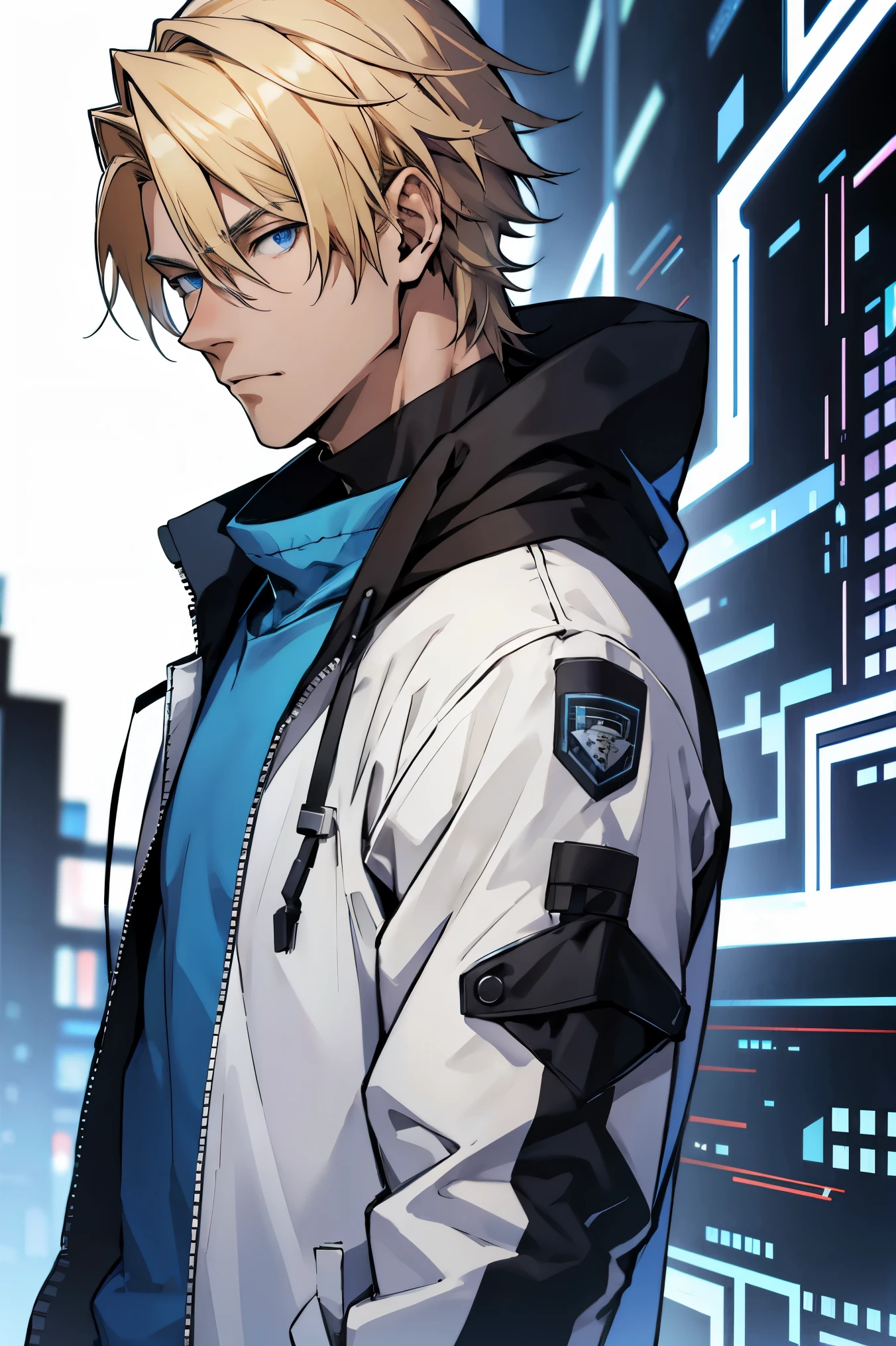 American young male with blond medium hair, blue eyes, hacker style clothes