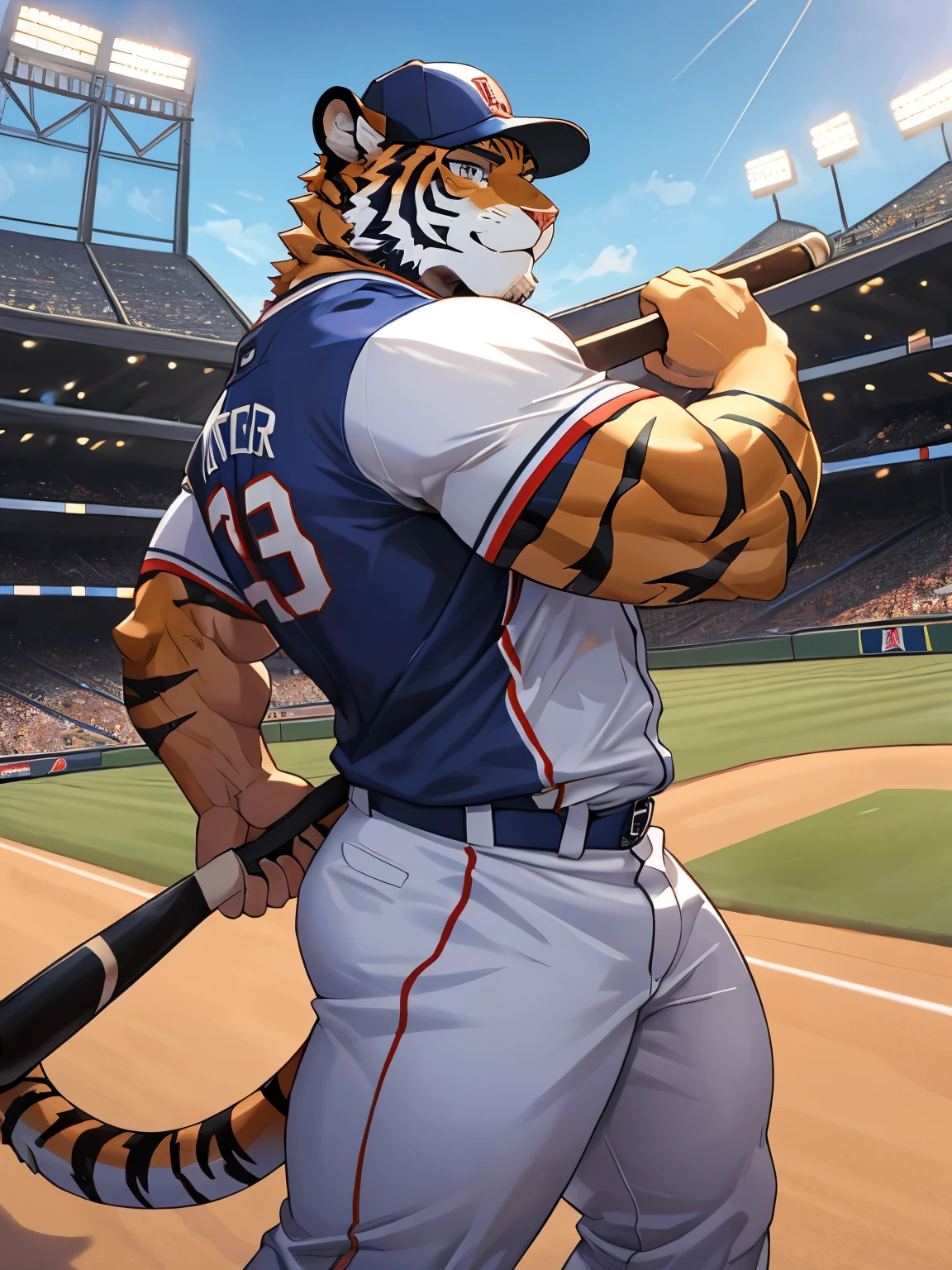 Tiger, good looking, male, anthro, baseball uniform, ultradetailed, muscular, solo, bareness, rippling muscles, muscles, stadium background, tail, hot, baseball cap, baseball bat, cool pose