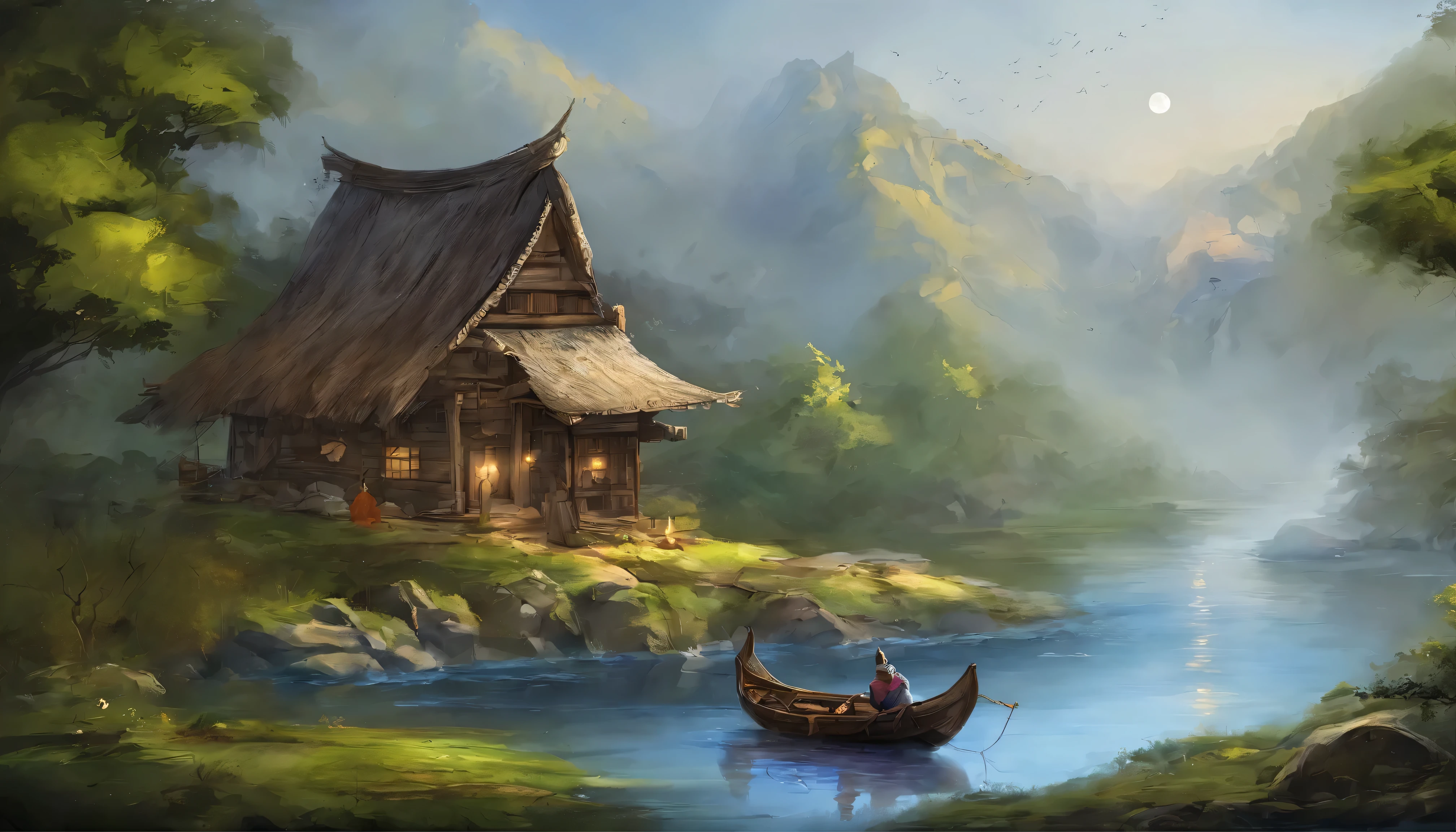 Night view of the old town,Seek and find,cheerless,The moon falls, the crescent moon falls into the lonely well,Fragmented,Bit by bit,There are flowers in dreams, green meadows in dreams,Long hair causes ripples,Shirabu Shishiiso,Kappa poles swing the boat,Crossing the ancient rare,(Small rivers),(Ancient boats),(There is a bright full moon in the distant night sky),(nighttime scene),(Ink painting style),8k wallpaper,cinema4d,Cinematic lighting effects,Tyndall,rendering by octane,White balance,Unreal 5,Extremely detailed picture,light particules,depth of fields,tmasterpiece,realisticlying,RAY