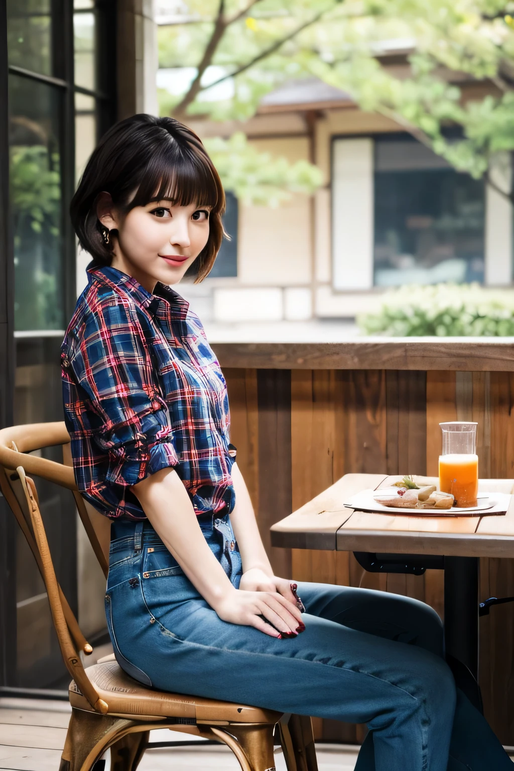8K.genuine.I'm grateful.A beautiful and cute Japanese woman is indoors. table and chairs.She is wearing a red checked shirt and dark blue denim pants。.. She is short, short and thin hair.