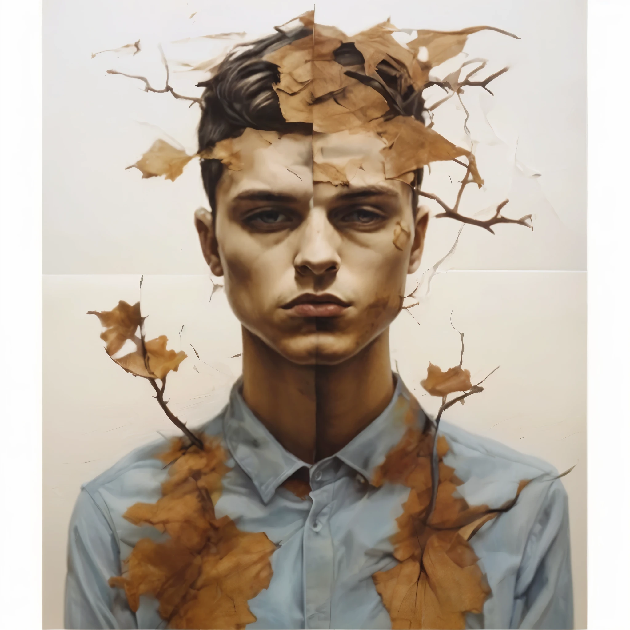 the figure of a handsome young  man in complex double exposure art by Alex Stoddard, Natalia Drepina and Brooke Shaden surreal postcard on cracked paper, extremely dynamic, unusual, vintage
