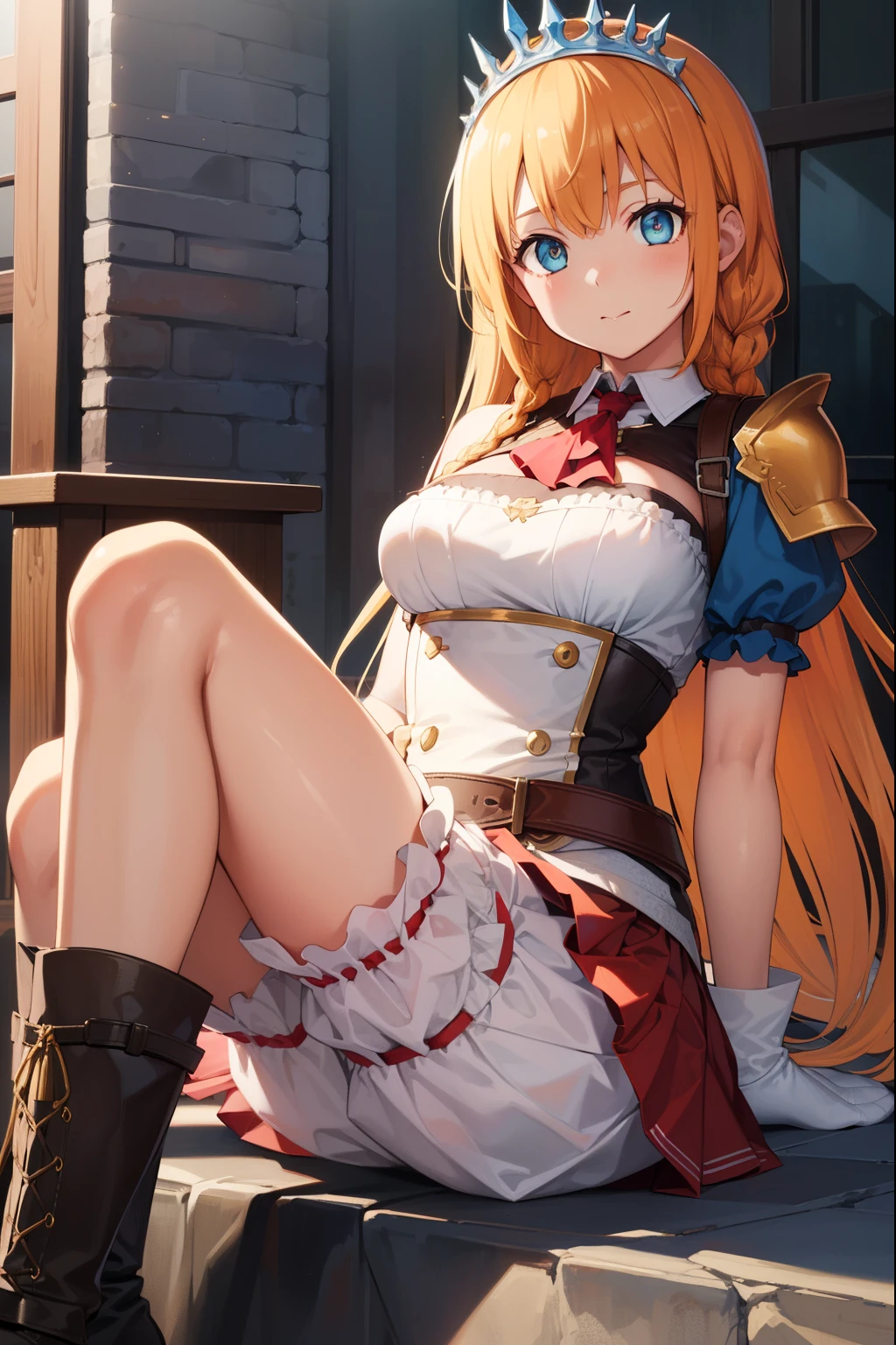 dog, dog, blue eyes, hair ornaments, long hair, orange hair, tiara, Braid, hair Braid,
break arm belt, armor, Ascot, blue socks, boots, dress, gloves, hair ornaments, open clothes, open dress, pauldron, pleated skirt, puffy short sleeve, puffy sleeves, red Ascot, red skirt, short sleeve, shoulder armor, single pauldron, skirt, socks, white dress, white shoes, white gloves,
break looking at viewer, whole body,
break outdoors,
break (masterpiece:1.2), highest quality, High resolution, unity 8k wallpaper, (figure:0.8), (beautiful and fine eyes:1.6), highly detailed face, perfect lighting, Very detailed CG, (perfect hands, perfect anatomy),((((((bloomer)))))‚((((((skirtの下にブルマを履いている)))))‚(((((skirtめくれ)))))