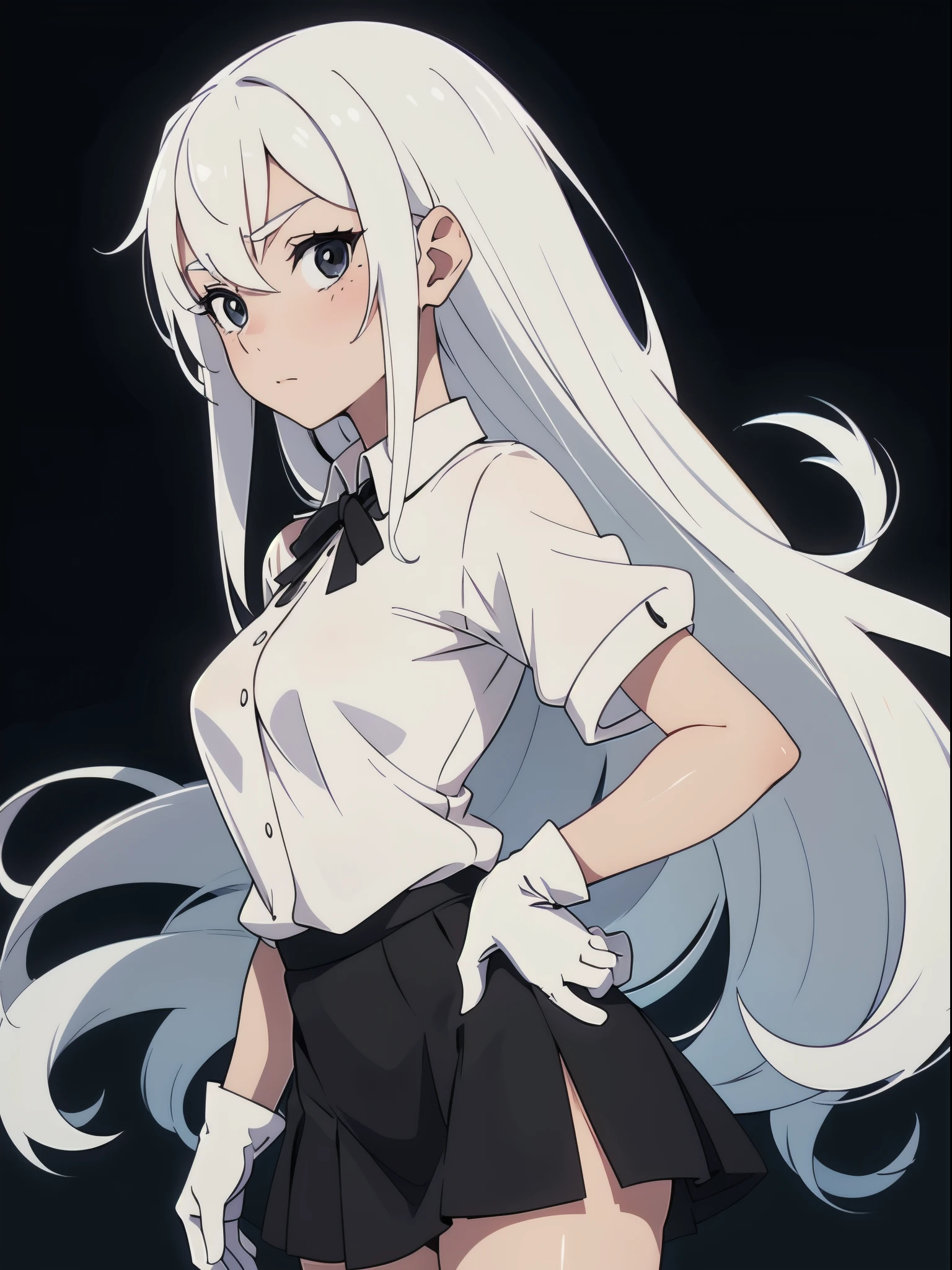 ((White hair)),((Head and Shoulders Image)),(super-long hair),Sexy,A person,Alone,Simple style,pancake ,Simple details,Black background,Empty background,Black background wall,(20 year old woman),(Droopy hair),(White Gloves),Puffy skirt,(Lace Shirt),Lace,((Shy))