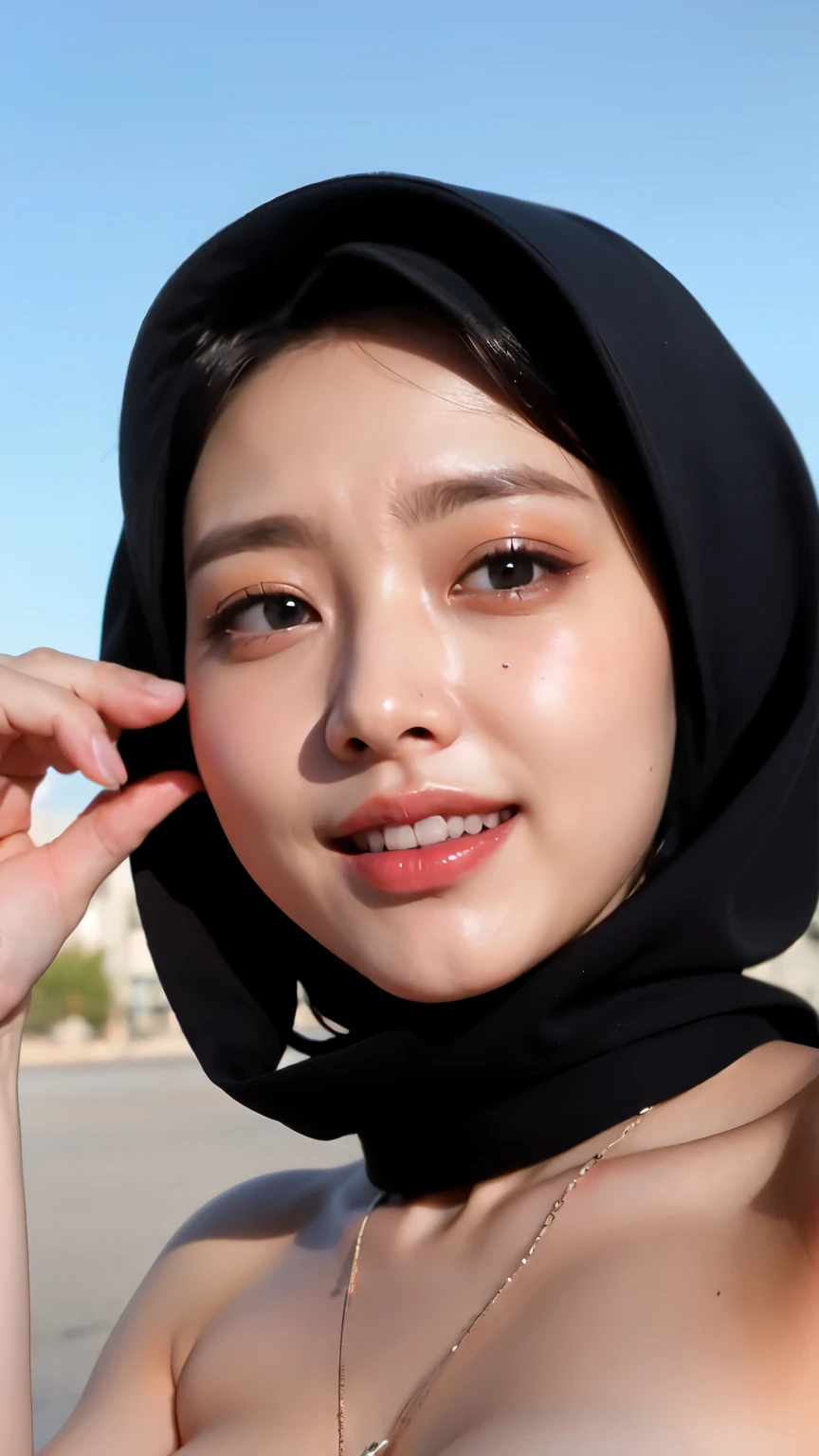 Black hijab collor, ((Best quality, 8k, Masterpiece :1.37)), (wear hijab girls), girls wear hijab, (girls wearing hijab moslem), jewelry accessories, girls' rings, girls' mini necklaces, girls' watches, (taking pictures from face to thighs:1.37), beautiful face, face bukkake, 17 years old girls, hair black, ultra detailed face, ultra detailed body, slim body, lips smile, Beautiful detailed eyes, eyes korean, detailed nose, Natural Lip, ((Lips Smile)), face smile, Wear hijab moslem, fancy jubba thobbe, (photo full body), lview of the blue sky, Slim Body, body erotic, (undressing nude), realistic face, backround people hijab
