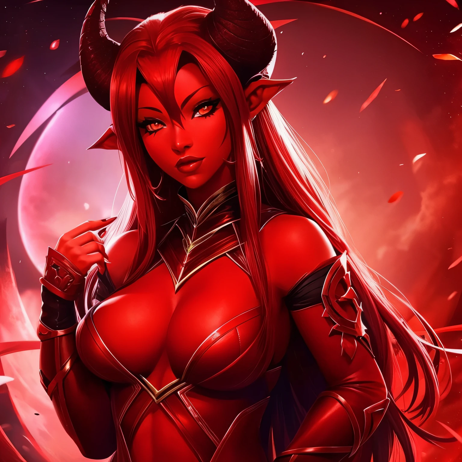 Tiefling woman with redish skin crimson horns and red eyes
