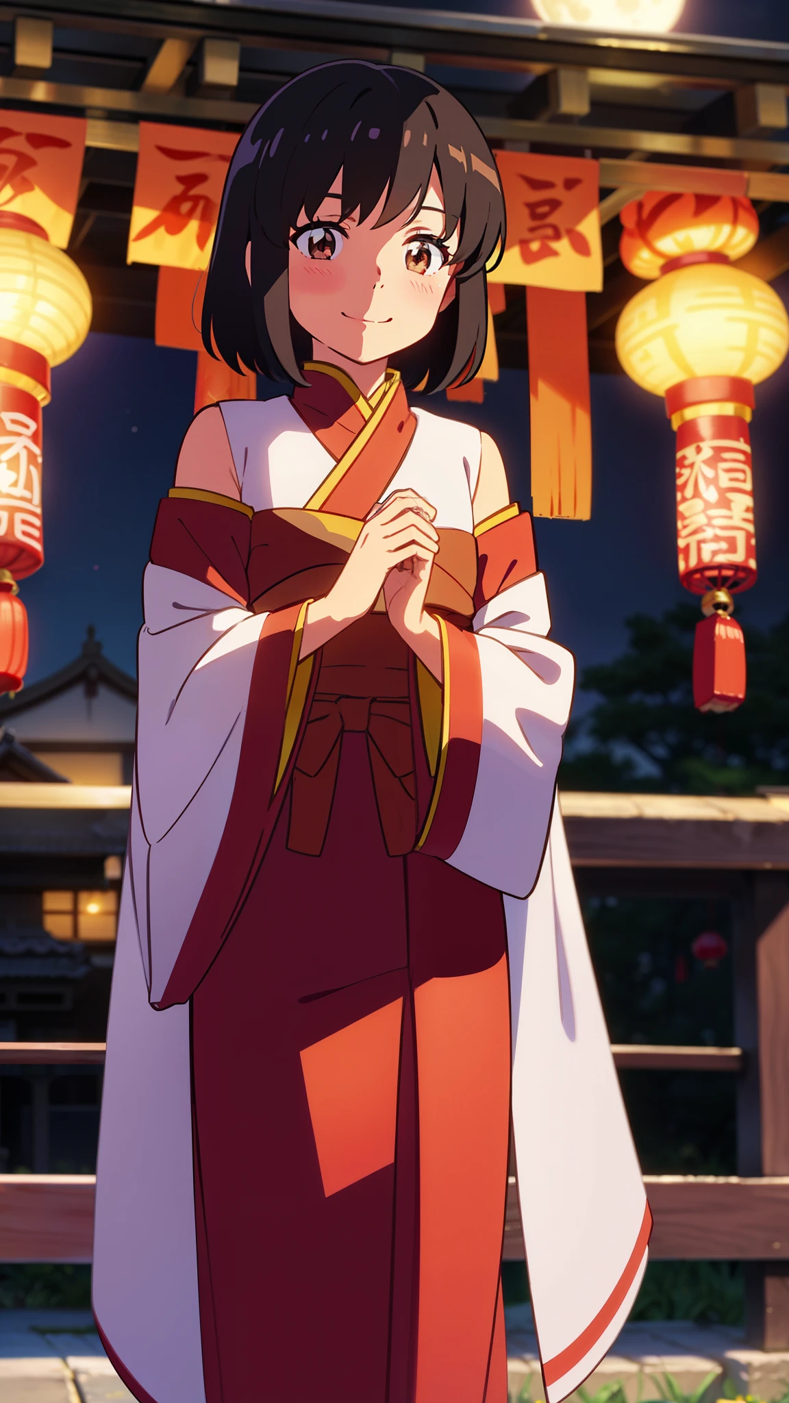 shinkai makoto, kimi no na wa., 1girl, bangs, black hair, blush, brown eyes, shiny skin, smile, cute, shrines, shrine maiden clothes, Off-the-shoulder, looking at the viewer, short hair, solo, chinese-style, chinese buildings, spring flower, red lanterns, lunar new year, outside