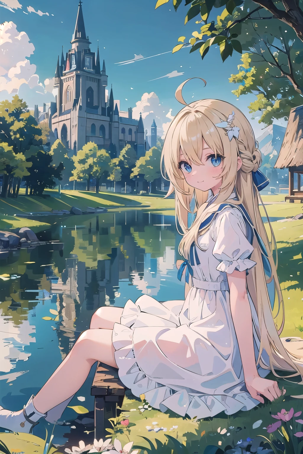 (masterpiece), scenery, medieval lake The season is spring Upper body, 1 girl, adventurer clear shiny blonde hair ruffle dress Ahoge long hair side knot sitting blue eyes eyes like diamonds Leaves flutter looking at the viewer smile cute