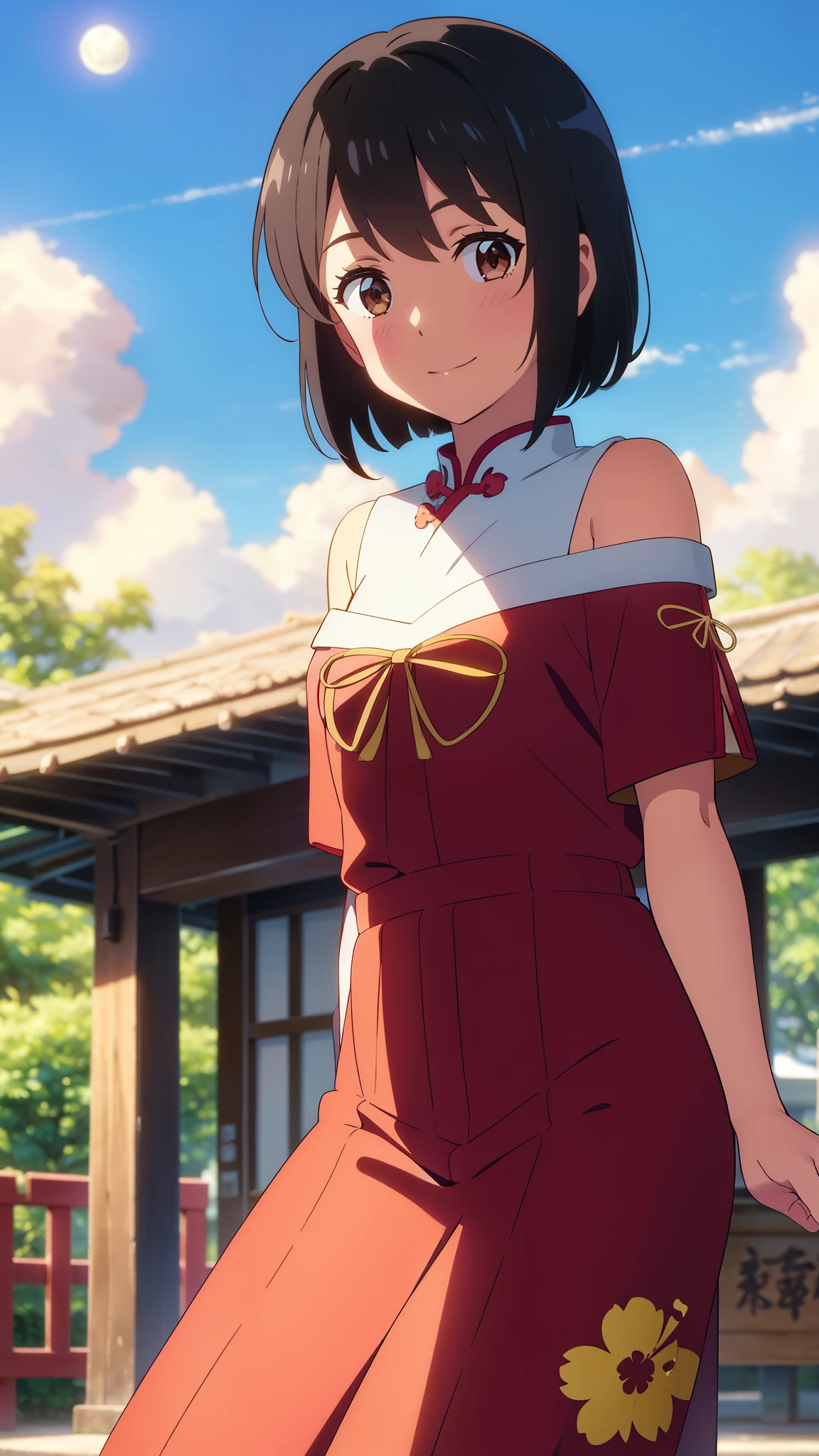 shinkai makoto, kimi no na wa., 1girl, bangs, black hair, blush, brown eyes, shiny skin, smile, cute, shrines, shrine maiden clothes, Off-the-shoulder, looking at the viewer, short hair, solo, chinese-style, chinese buildings, spring flower, red lanterns, lunar new year, outside, day, cloudy, sky, blue sky, sunlight