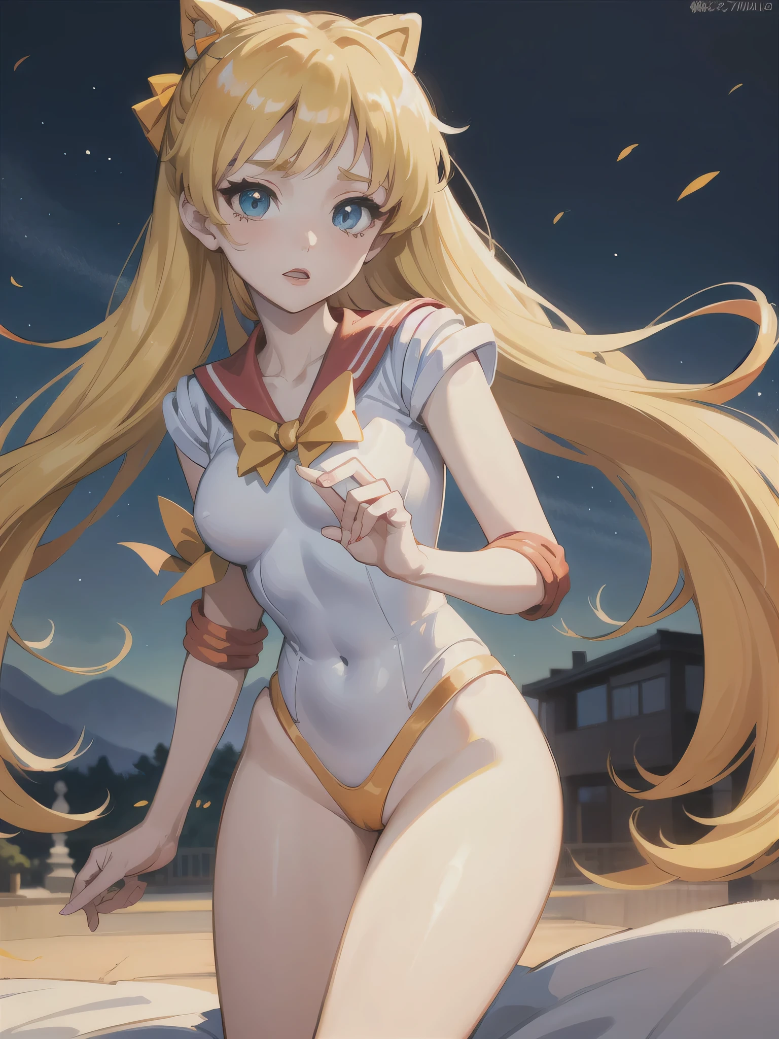 (A superb exquisite Sailor Venus), (Sailor Venus:1.5), (aino minako)、(Sailor Senshi Uniform), (red ribon), blue eyes, Yellow hair, natural straight hair, straight bangs, solo, nature, extremely delicate, straight facial features, peerless beautiful girl, soft, (sensual face), ((ecchi face)), dreamy quality, exaggerated facial features, solid color, frank holly, delicate face, bright lips, slender waist, soft curves, real light and shadow, super fine, 4k, natural moving, Ultra high resolution, (masterpiece:1.2, best quality), (finely detailed beautiful eyes: 1.2), (beautiful detailed face), sexy nude model, sexy pose, (midium chest), (Perfect Body Proportions), (bedroom), Mekosuji, Spread your legs a little and show off your crotch,