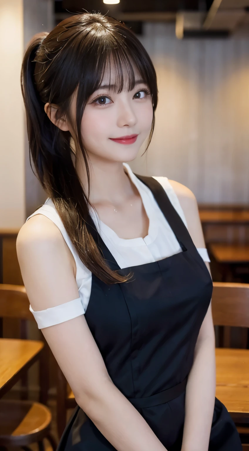 (highest quality,masterpiece:1.3,Super high resolution,),(super detailed,caustics),(Photoreal:1.4,RAW shooting,)ultra-realistic capture,very detailed,High resolution 16K human skin close-up。 Natural skin texture、,The pores are、、Must be detailed enough to be easily identified。 Skin should look even-toned and healthy。 Use natural light and color,restaurant,Waitress Uniform,1 girl,Japanese,18-year-old,cute,black haired,ponytail,big breasts,smile,turn the body forward,(Front view:1.1),look at the camera,cowboy shot,