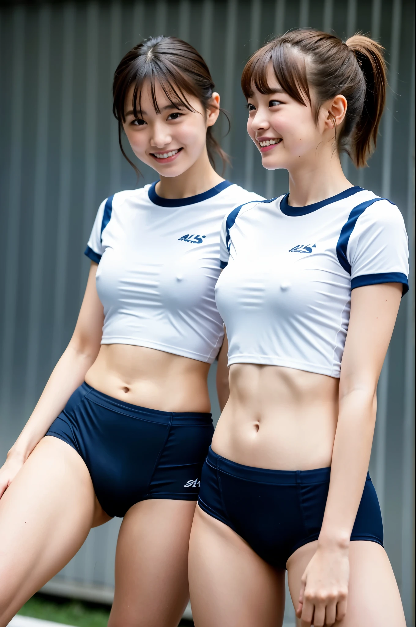 2 girls in athletic field,white plain school gym shirt with navy blue trim,navy blue speedo briefs,18-year-old,bangs,a little smile,thighs,knee up,short cut hair,low ponytail,from below,front-lighting