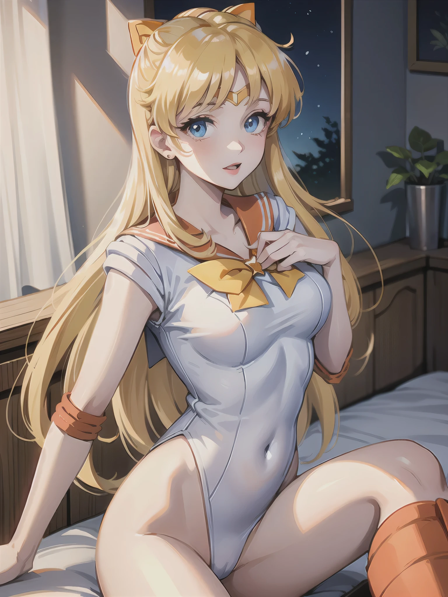 (A superb exquisite Sailor Venus), (Sailor Venus:1.5), (aino minako)、(Sailor Senshi Uniform), (red ribon), blue eyes, Yellow hair, natural straight hair, straight bangs, solo, nature, extremely delicate, straight facial features, peerless beautiful girl, soft, (sensual face), ((ecchi face)), dreamy quality, exaggerated facial features, solid color, frank holly, delicate face, bright lips, slender waist, soft curves, real light and shadow, super fine, 4k, natural moving, Ultra high resolution, (masterpiece:1.2, best quality), (finely detailed beautiful eyes: 1.2), (beautiful detailed face), sexy nude model, sexy pose, (midium chest), (Perfect Body Proportions), (bedroom), Mekosuji, Spread your legs a little and show off your crotch,