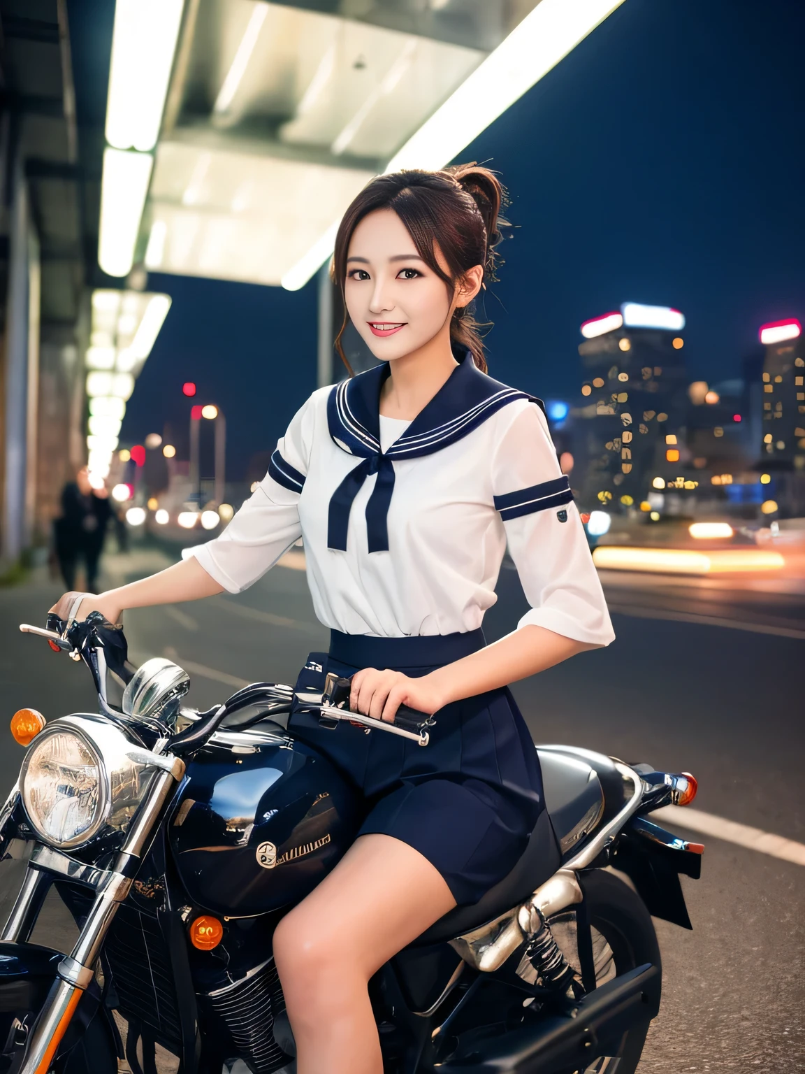 highest quality、High resolution、detailed background、beautiful and detailed face、beautiful and smooth skin、skin texture、professional lighting、Cute beautiful Iful Girl、Cute character wearing a sailor suit.、The costume is a uniform with a sailor collar and ribbon..、Cute Ponytail、pleated haute sleeves、Riding a motorcycle through the city late at night、Can drive at high speed even in the city, So that you can enjoy the view of the city.、skyscrapers and beautiful architecture