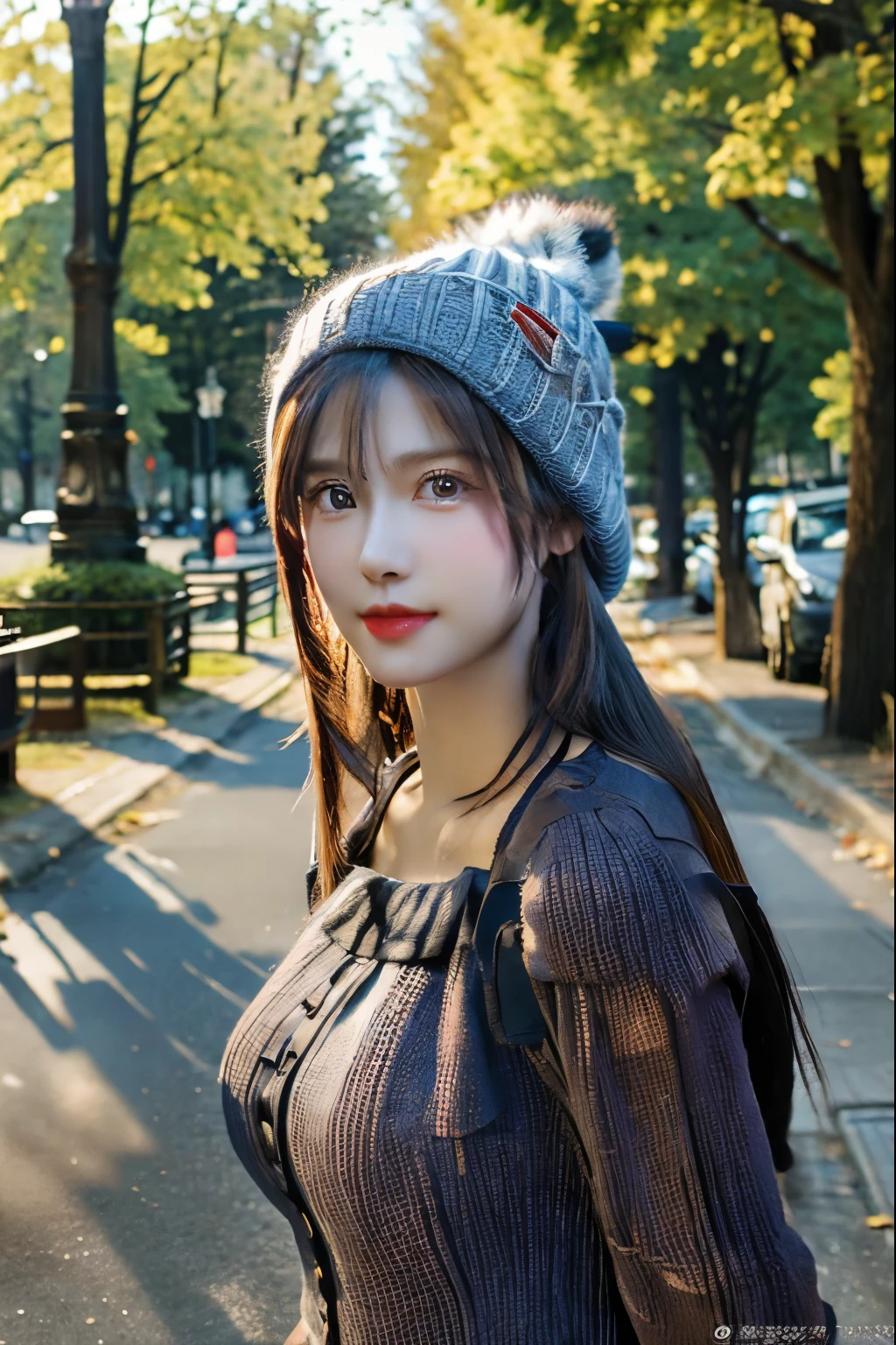 A beautiful girl with a very large bust wearing a knitted hat takes a walk in the park